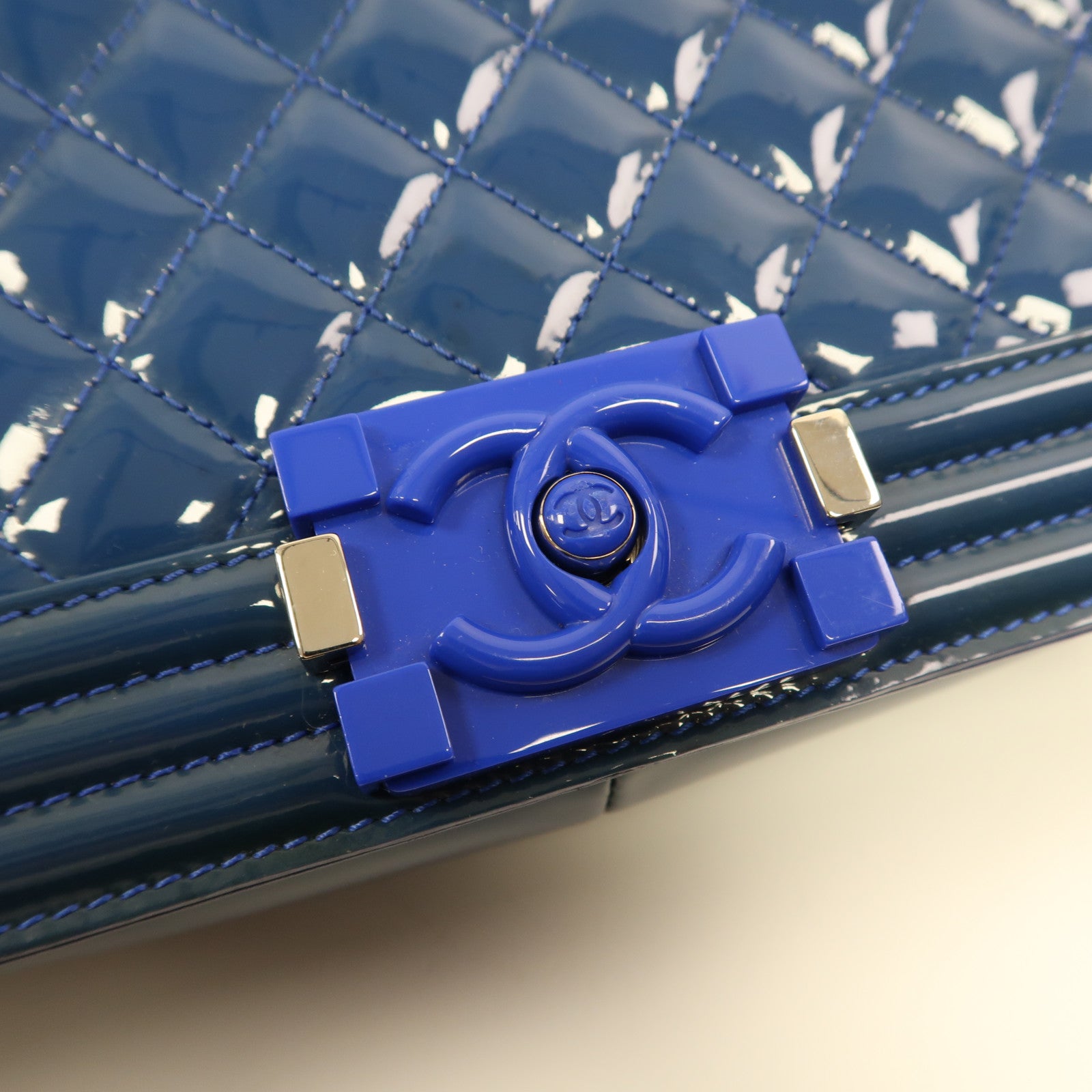 CHANEL CC SHW Boy 28 Chain Shoulder Bag Patent Leather Blue