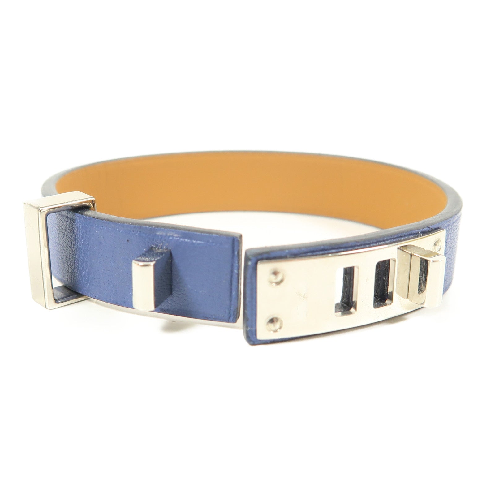HERMES 【激減優惠】Swift皮革Mini Dog銀扣手鐲Bleu Brighton