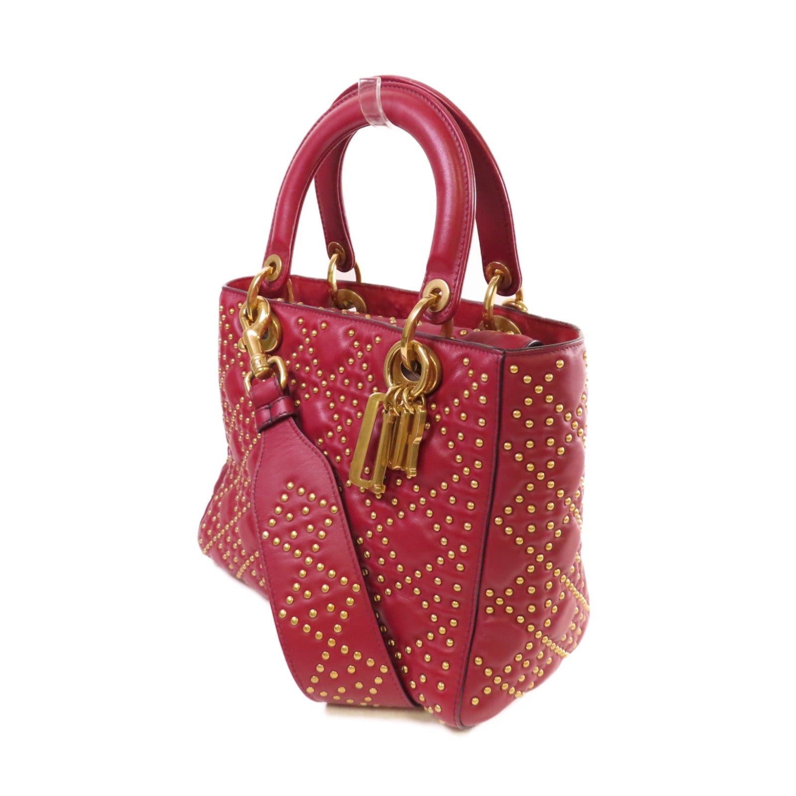 Dior 【激減優惠】牛皮皮革Lady Dior Studded 2 Way Shoulder Bag金扣手挽肩背兩用袋紅色