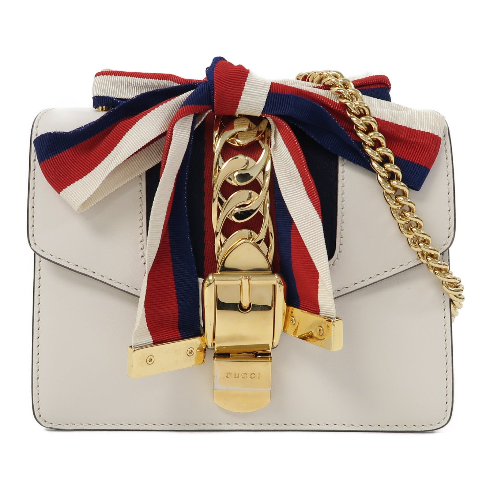 GUCCI 【激減優惠】牛皮皮革Sylvie金扣鏈帶肩背袋白色