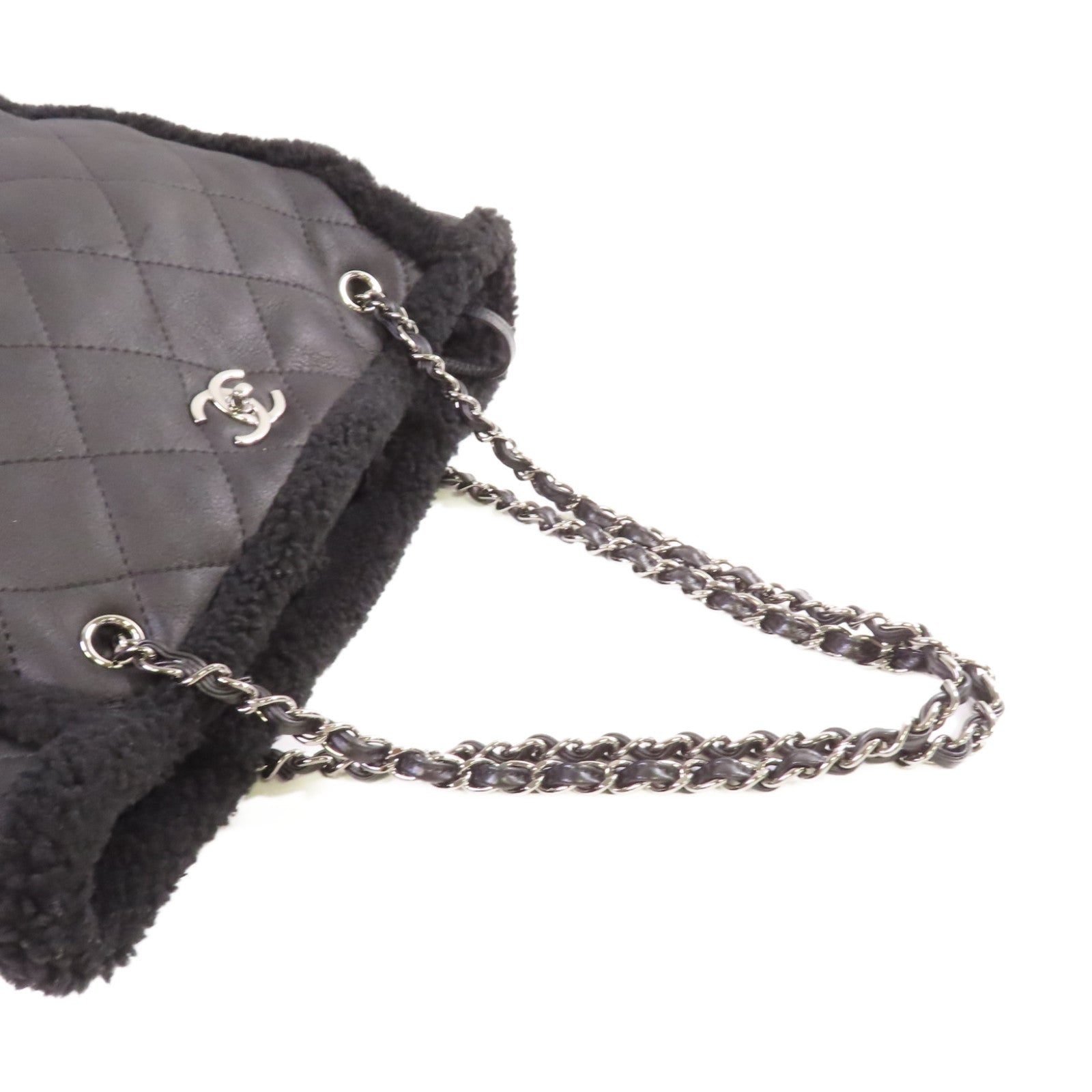 CHANEL 菱格羊皮皮革Tote Bag銀扣鏈帶肩背袋黑色