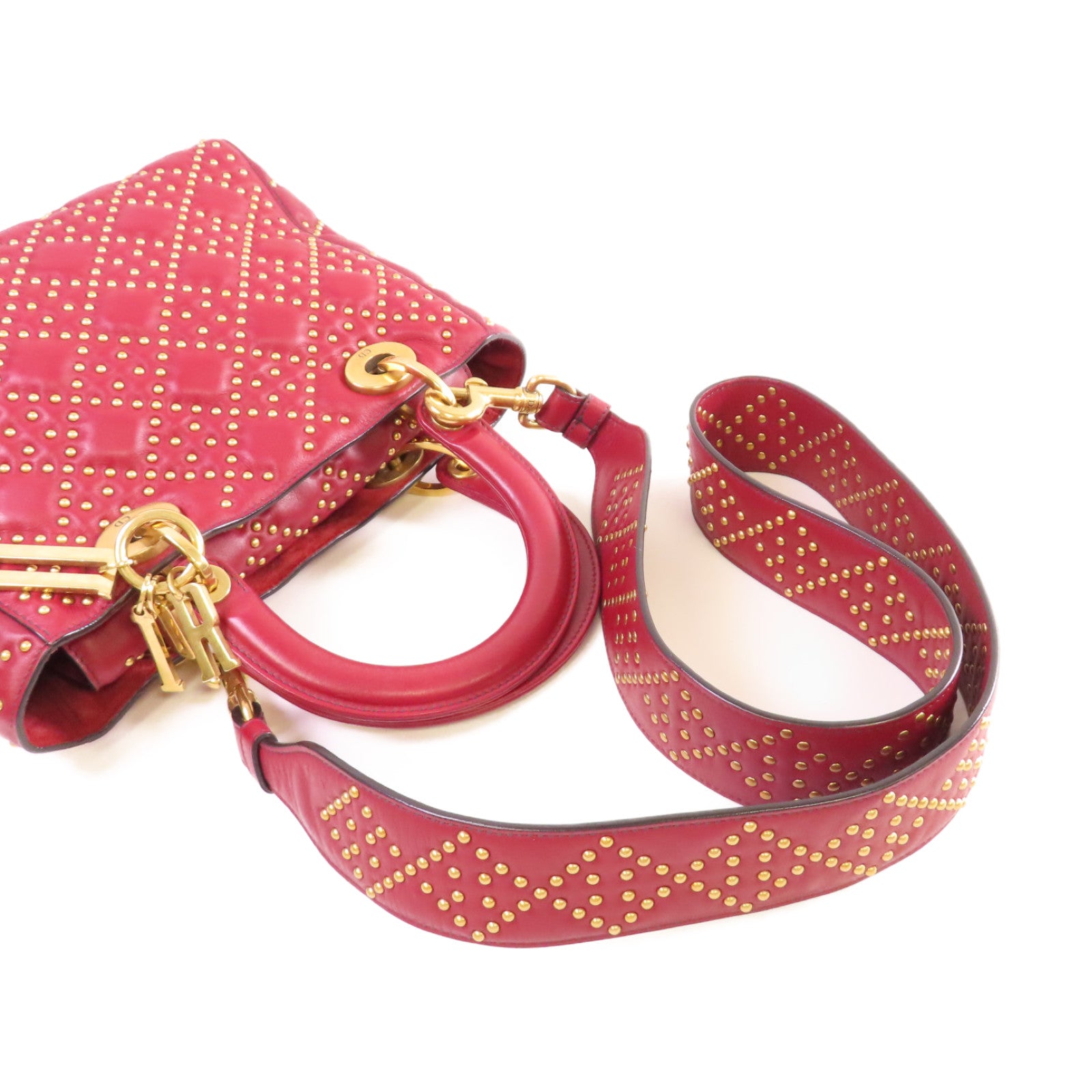 Dior 【激減優惠】牛皮皮革Lady Dior Studded 2 Way Shoulder Bag金扣手挽肩背兩用袋紅色