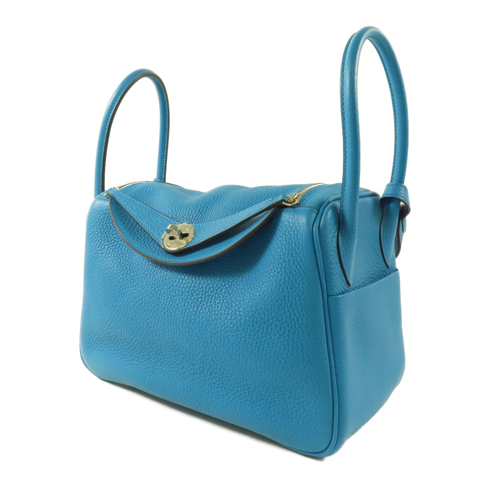 HERMES Clemence皮革Lindy 26銀扣手挽肩背兩用袋Bleu Frida