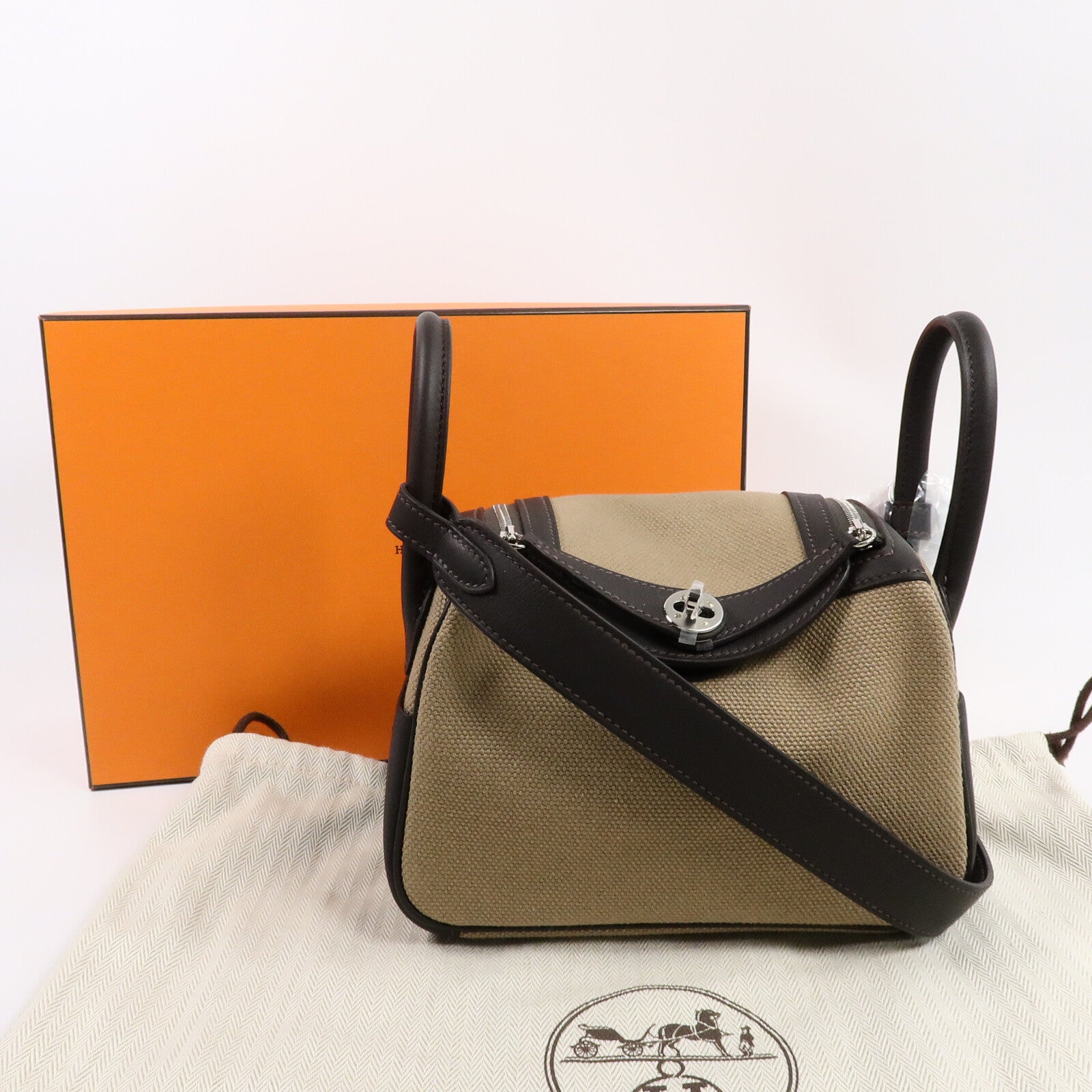 HERMES 帆布/Swift皮革Mini Lindy手挽肩背兩用袋Mousse/Bai Brun