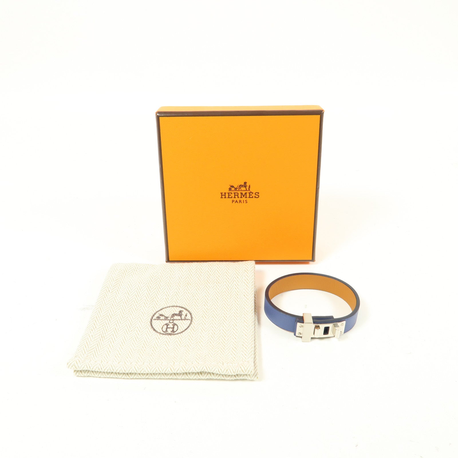 HERMES 【激減優惠】Swift皮革Mini Dog銀扣手鐲Bleu Brighton