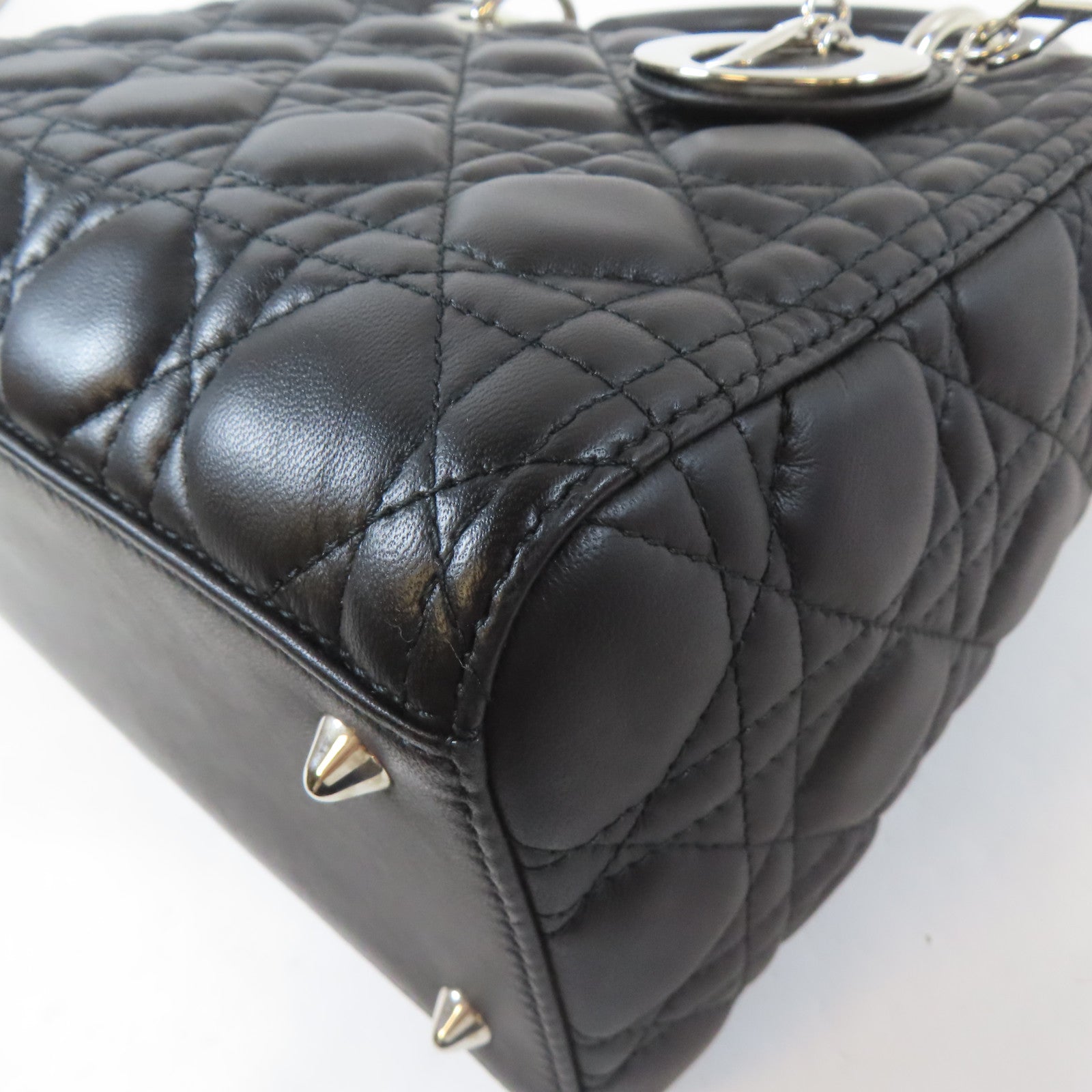 Dior 牛皮皮革Lady Dior Medium 2 Way Bag銀扣手挽肩背兩用袋黑色