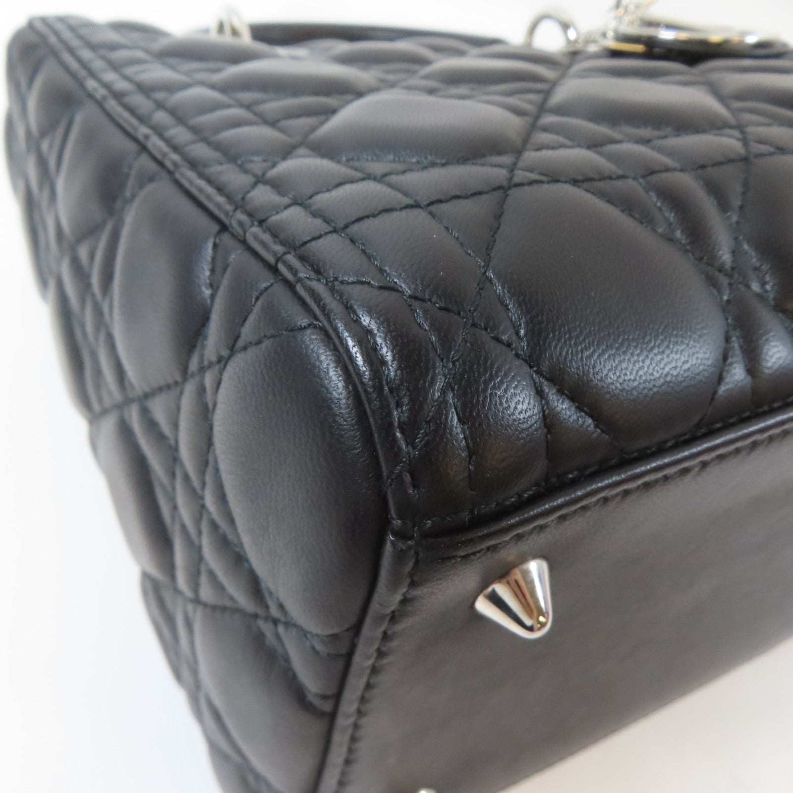 Dior 牛皮皮革Lady Dior Medium 2 Way Bag銀扣手挽肩背兩用袋黑色
