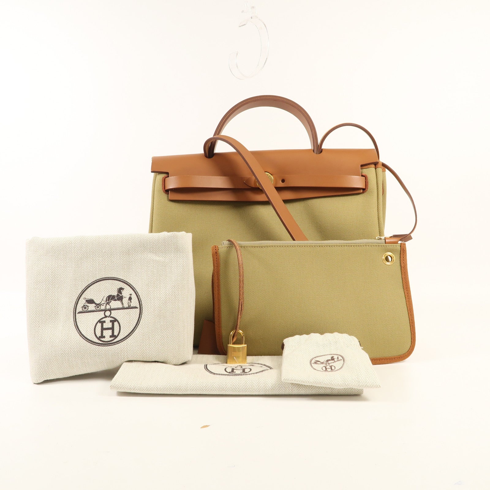 HERMES 帆布Herbag PM金扣手挽肩背兩用袋Poussiere