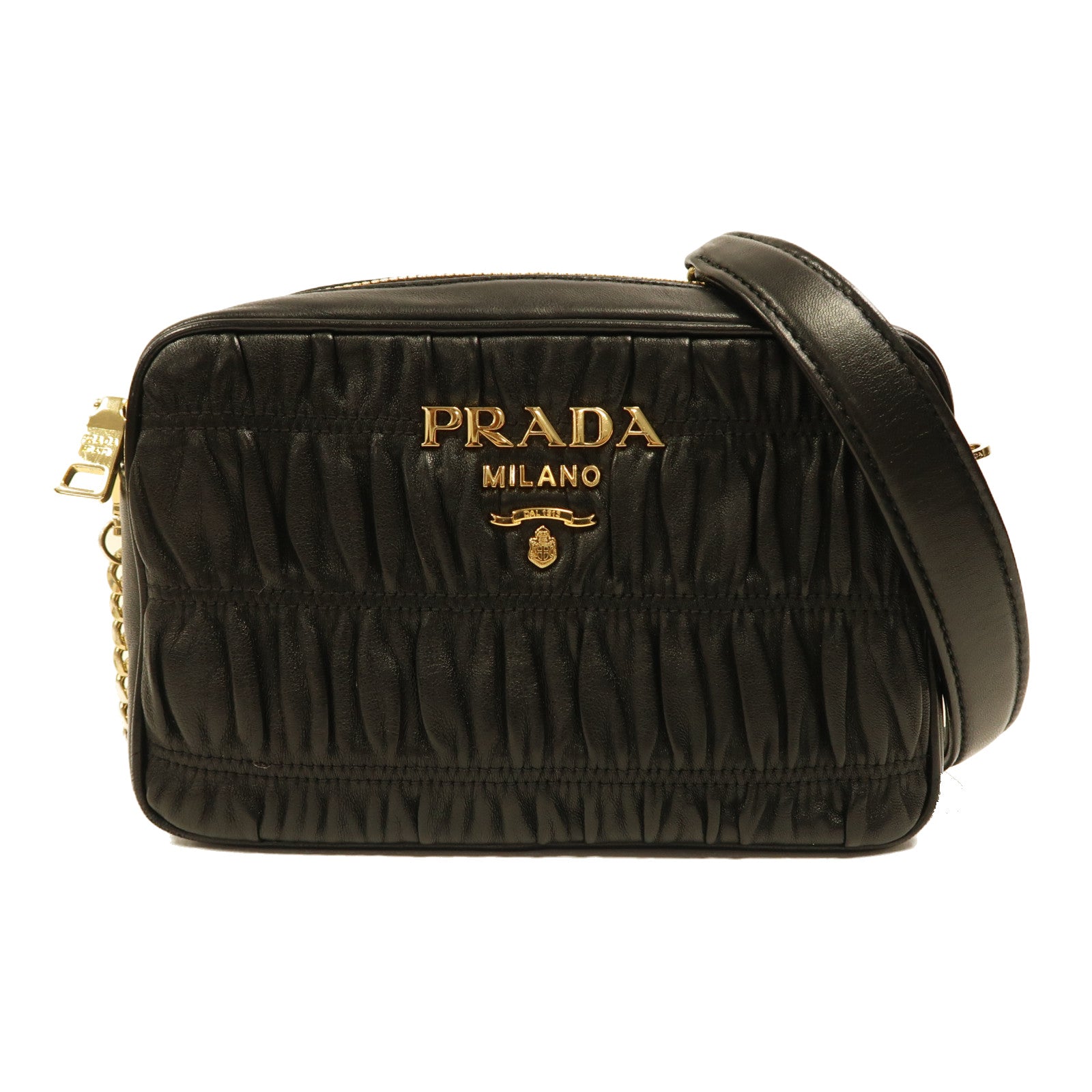 PRADA 羊皮皮革Chain Shoulder金扣鏈帶肩背袋黑色