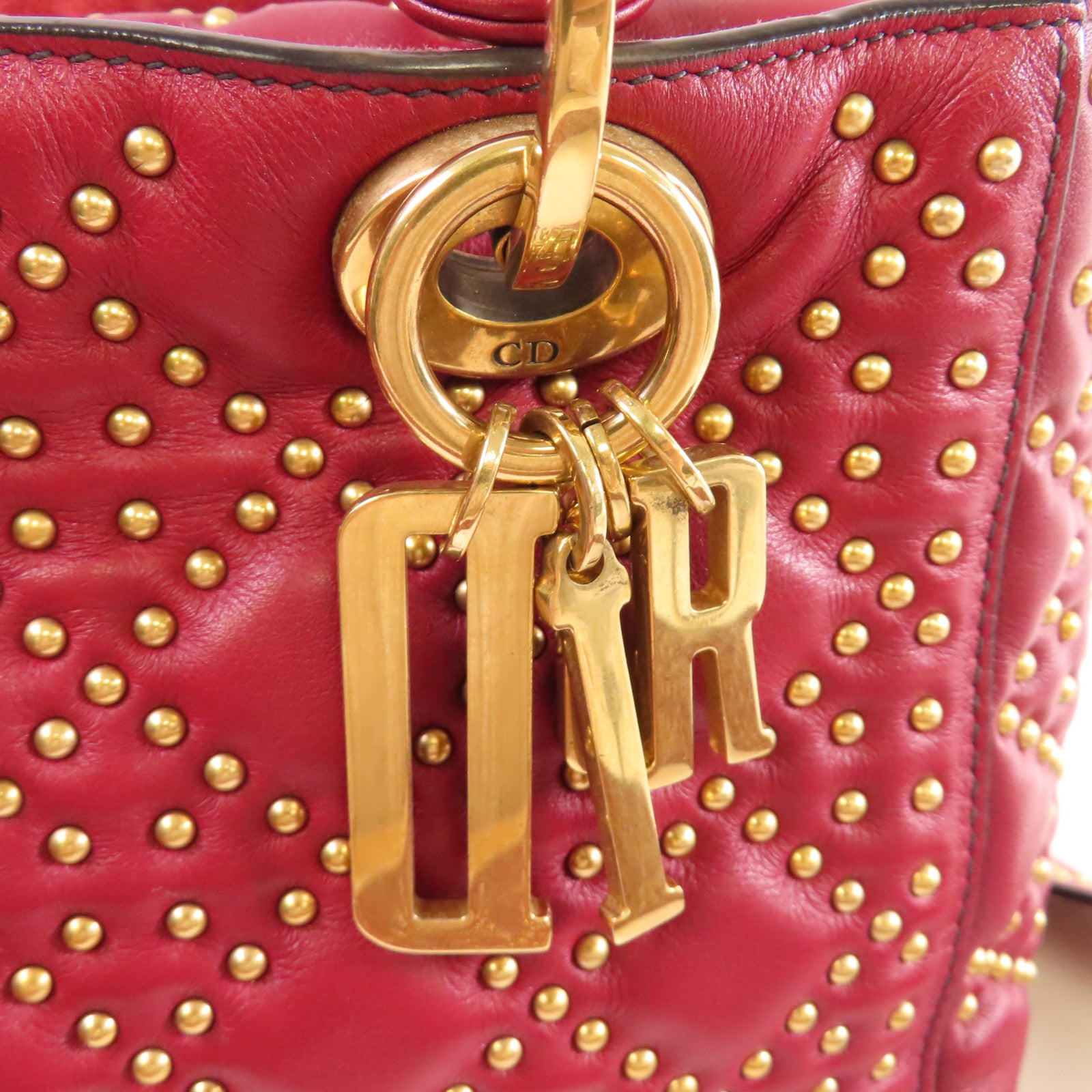 Dior 【激減優惠】牛皮皮革Lady Dior Studded 2 Way Shoulder Bag金扣手挽肩背兩用袋紅色