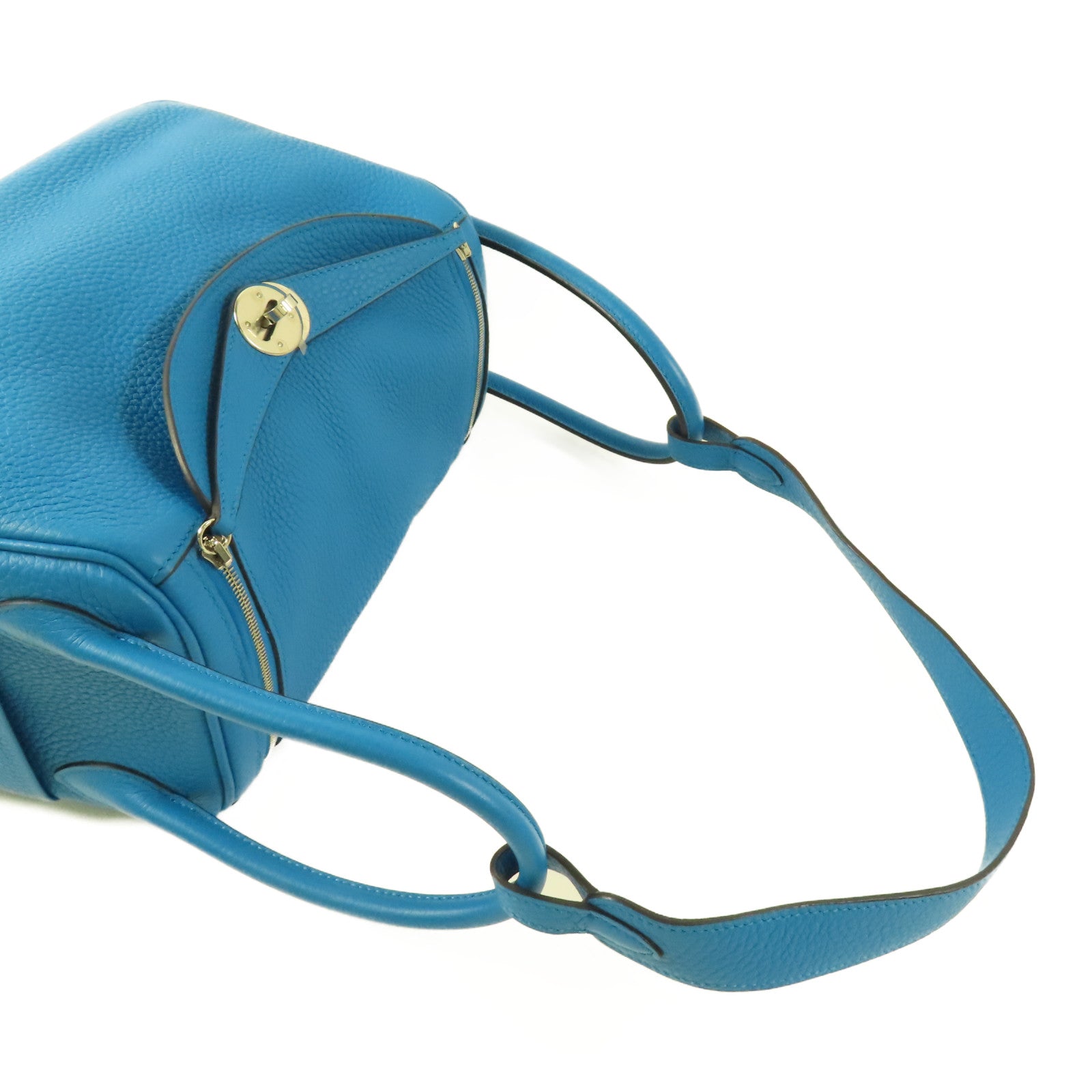 HERMES Clemence皮革Lindy 26銀扣手挽肩背兩用袋Bleu Frida