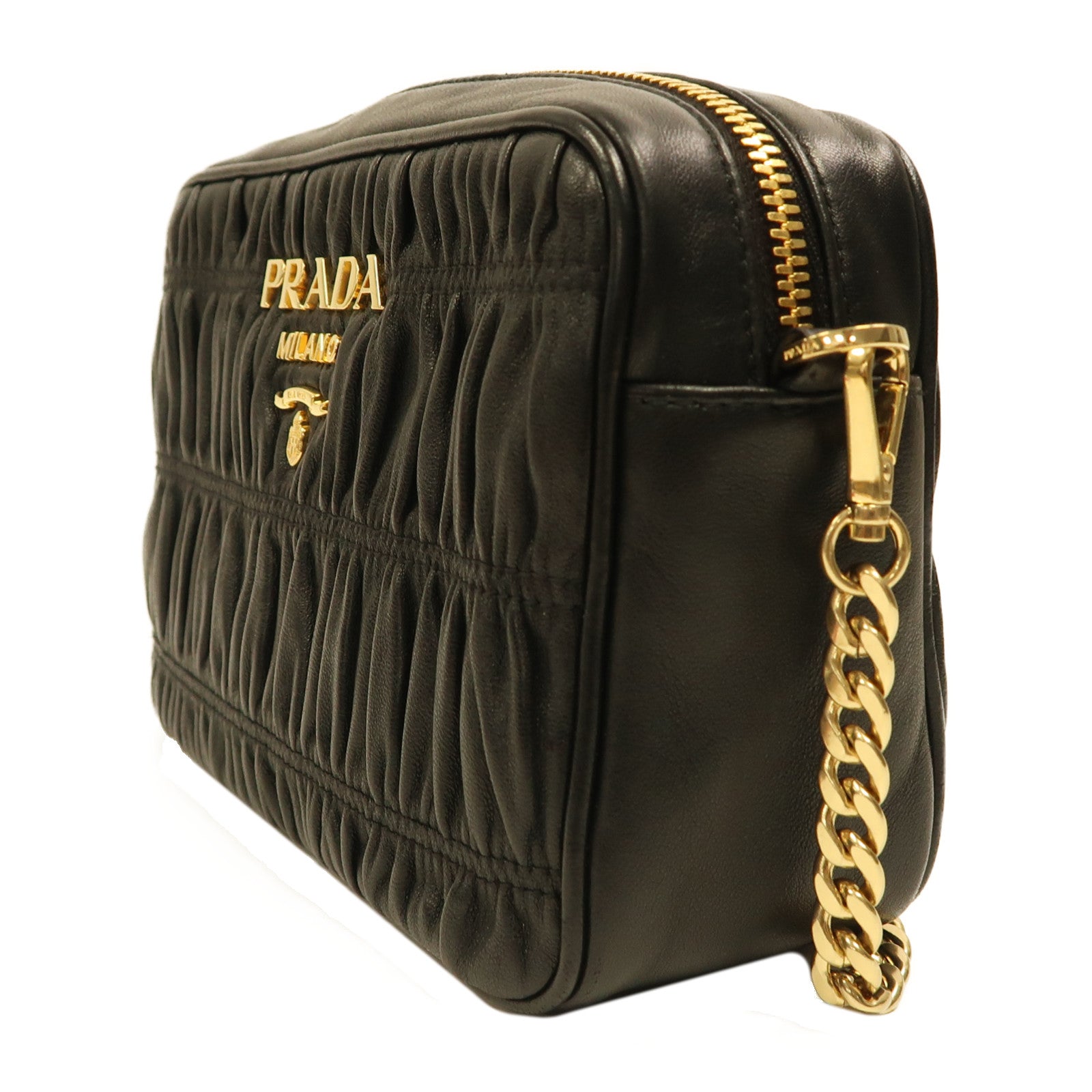 PRADA 羊皮皮革Chain Shoulder金扣鏈帶肩背袋黑色