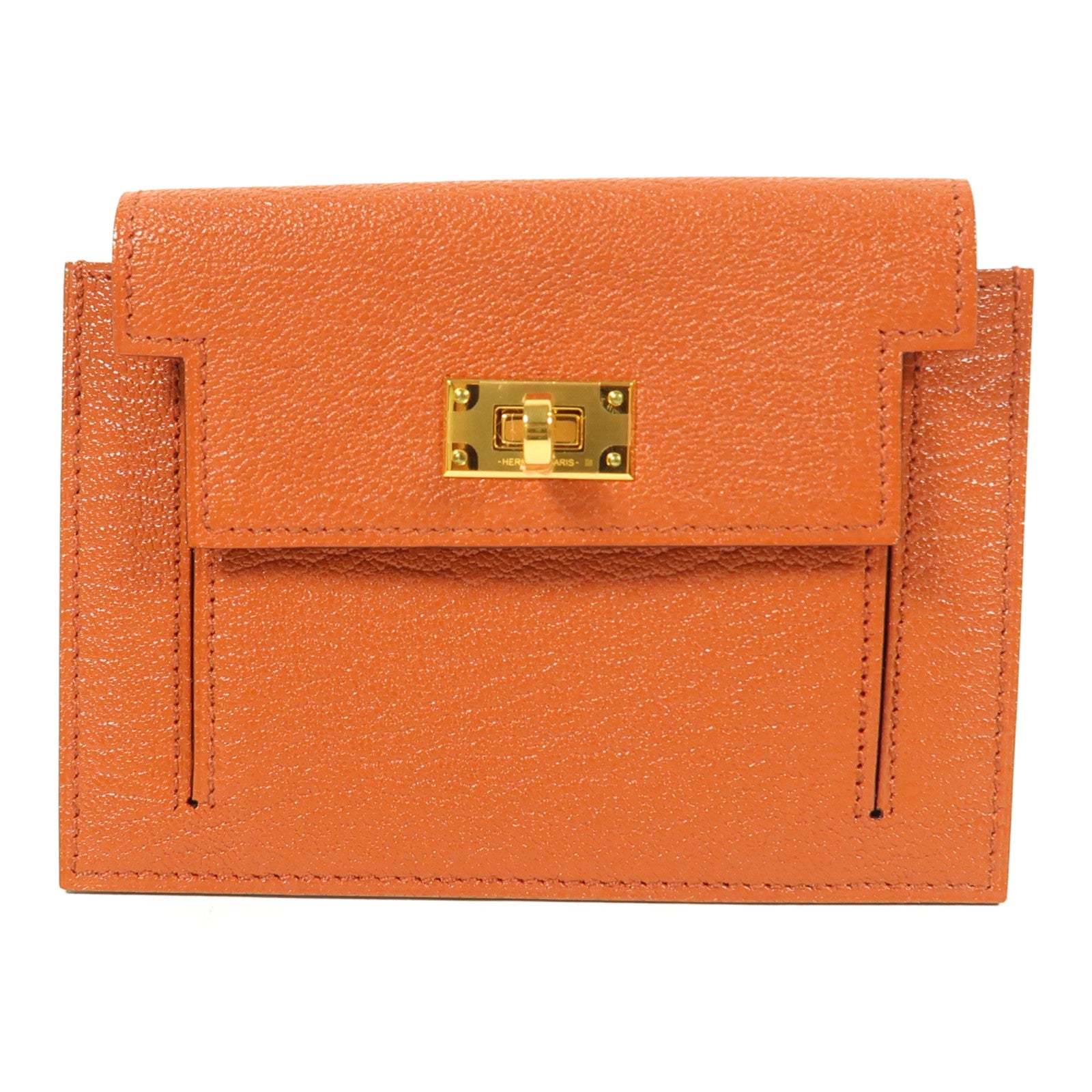 HERMES 【激減優惠】Chevre皮革Kelly Pocket Wallet金扣錢包Cuivre