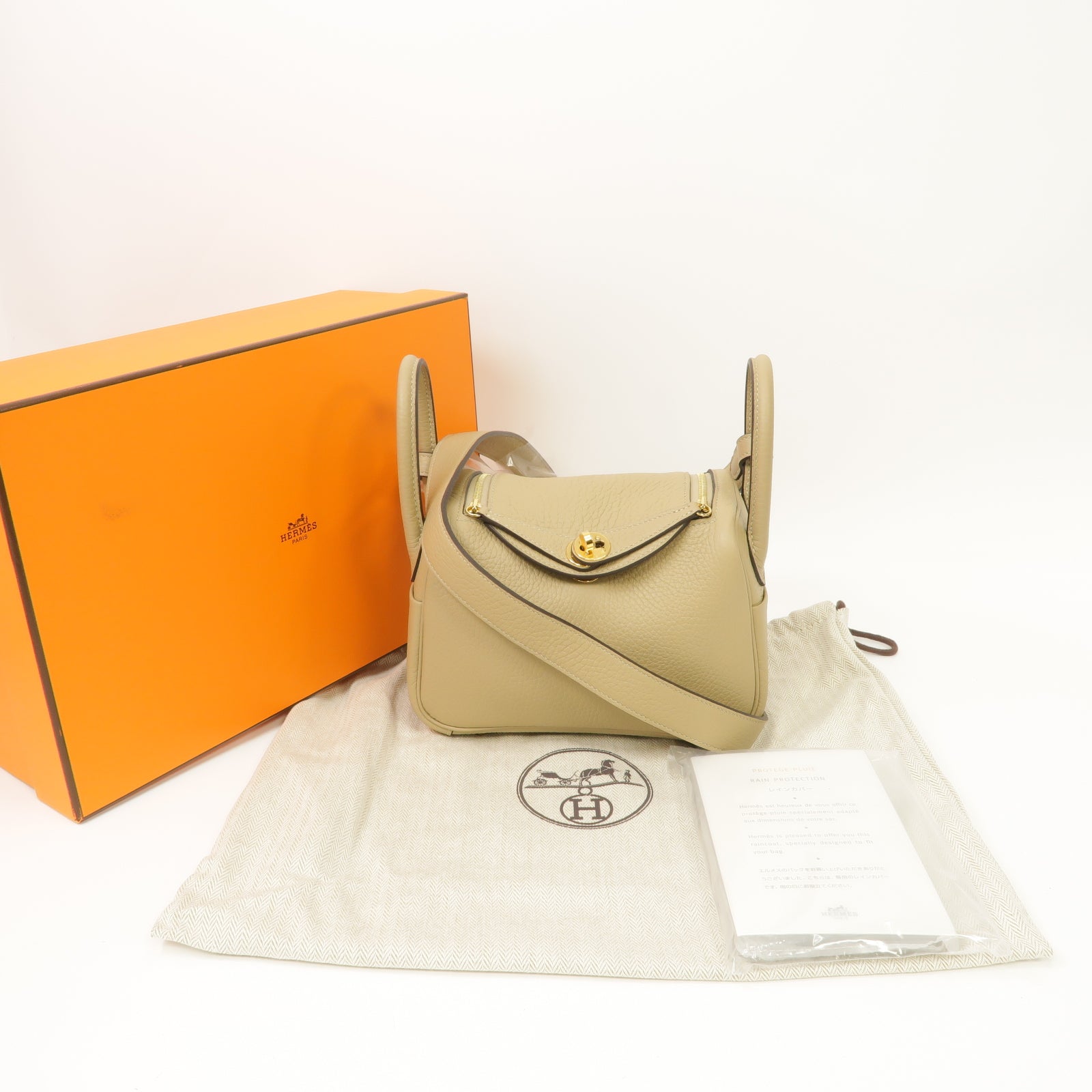 HERMES Clemence皮革Mini Lindy金扣肩背袋風衣卡其