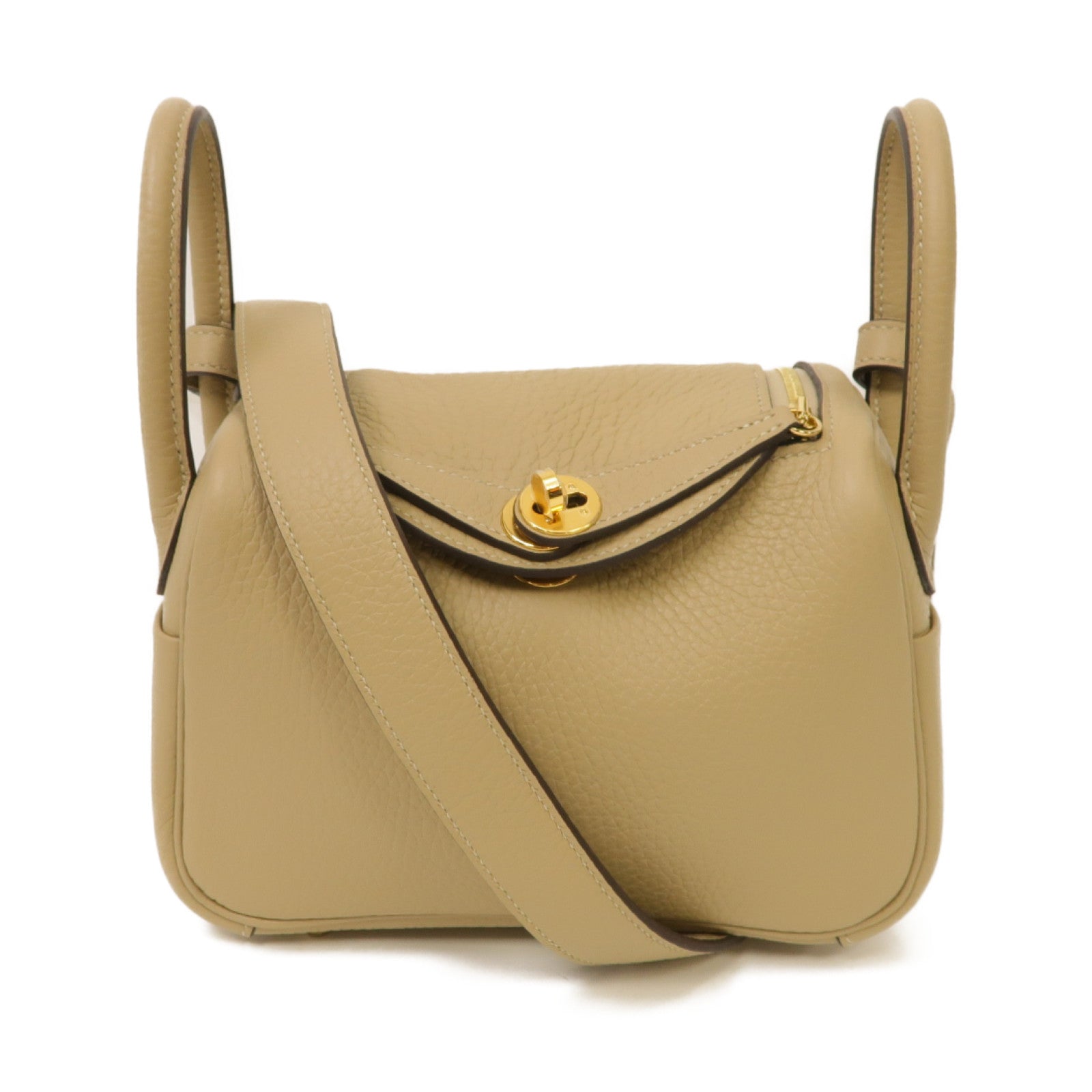 HERMES Clemence皮革Mini Lindy金扣肩背袋風衣卡其