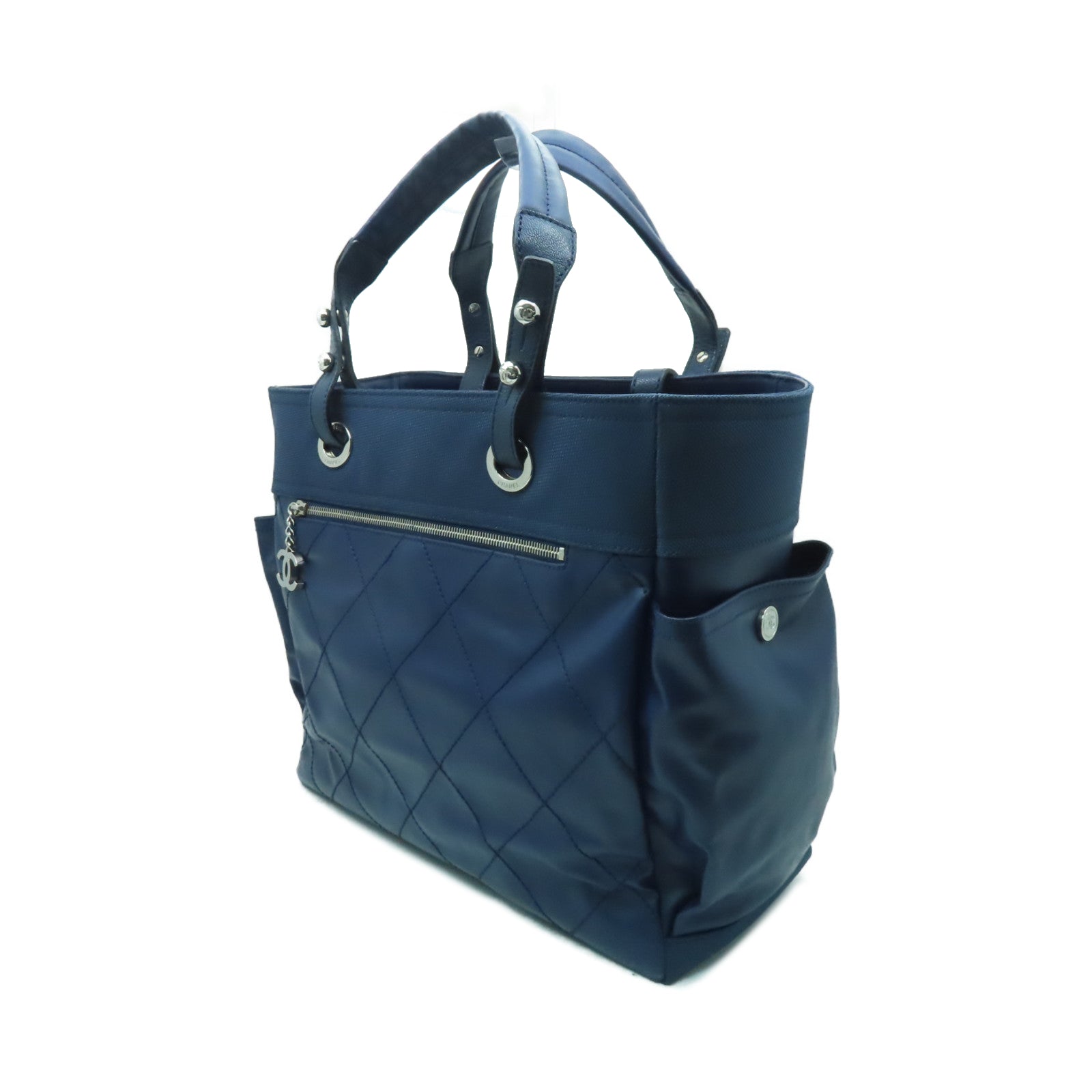 CHANEL 【激減優惠】菱格塗層帆布Tote Bag銀扣手挽袋藍色