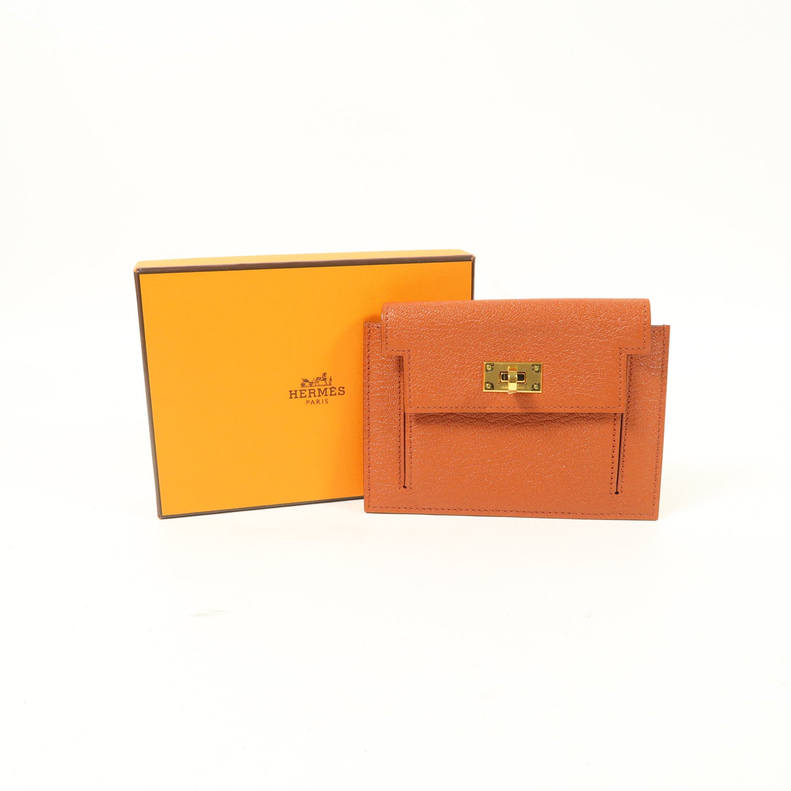 HERMES 【激減優惠】Chevre皮革Kelly Pocket Wallet金扣錢包Cuivre