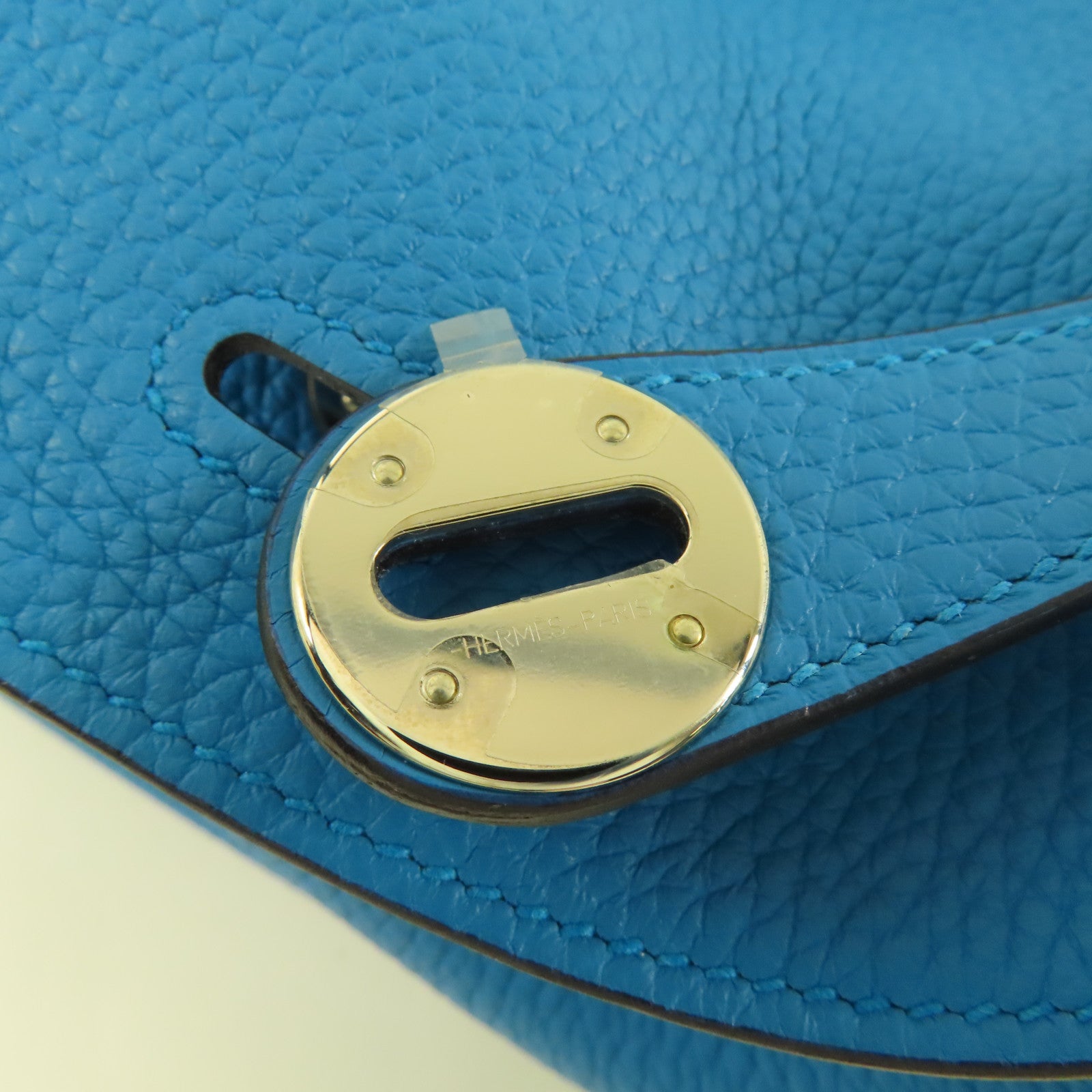 HERMES Clemence皮革Lindy 26銀扣手挽肩背兩用袋Bleu Frida