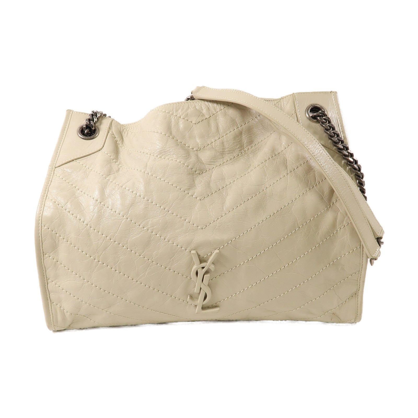 SAINT LAURENT 牛皮皮革Shoulder Bag銀扣肩背袋米色