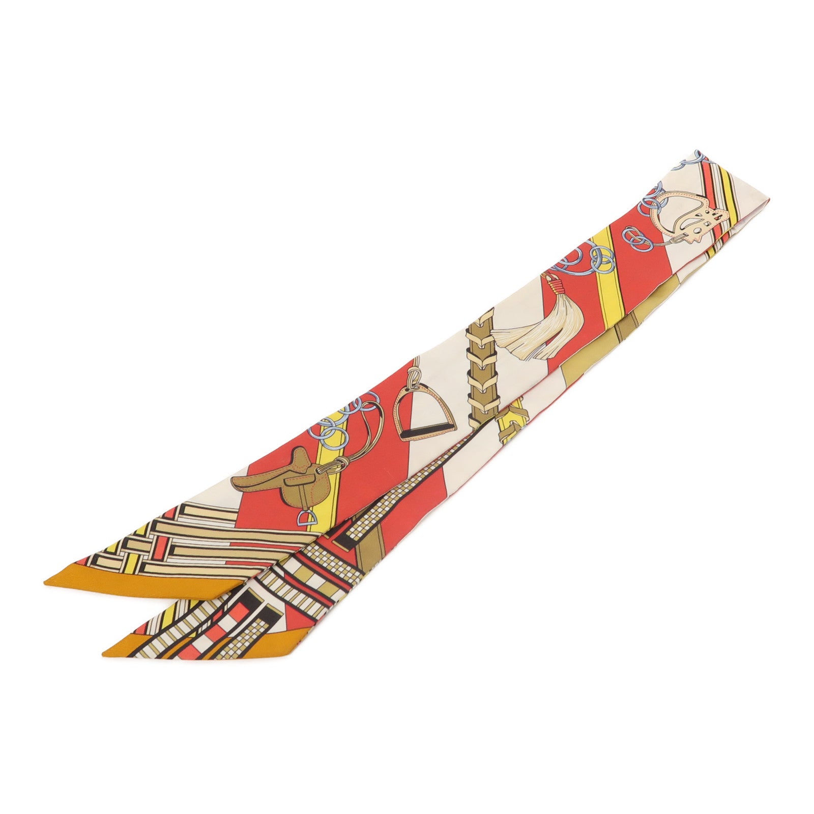 HERMES 絲質Twilly絲巾紅色/米色