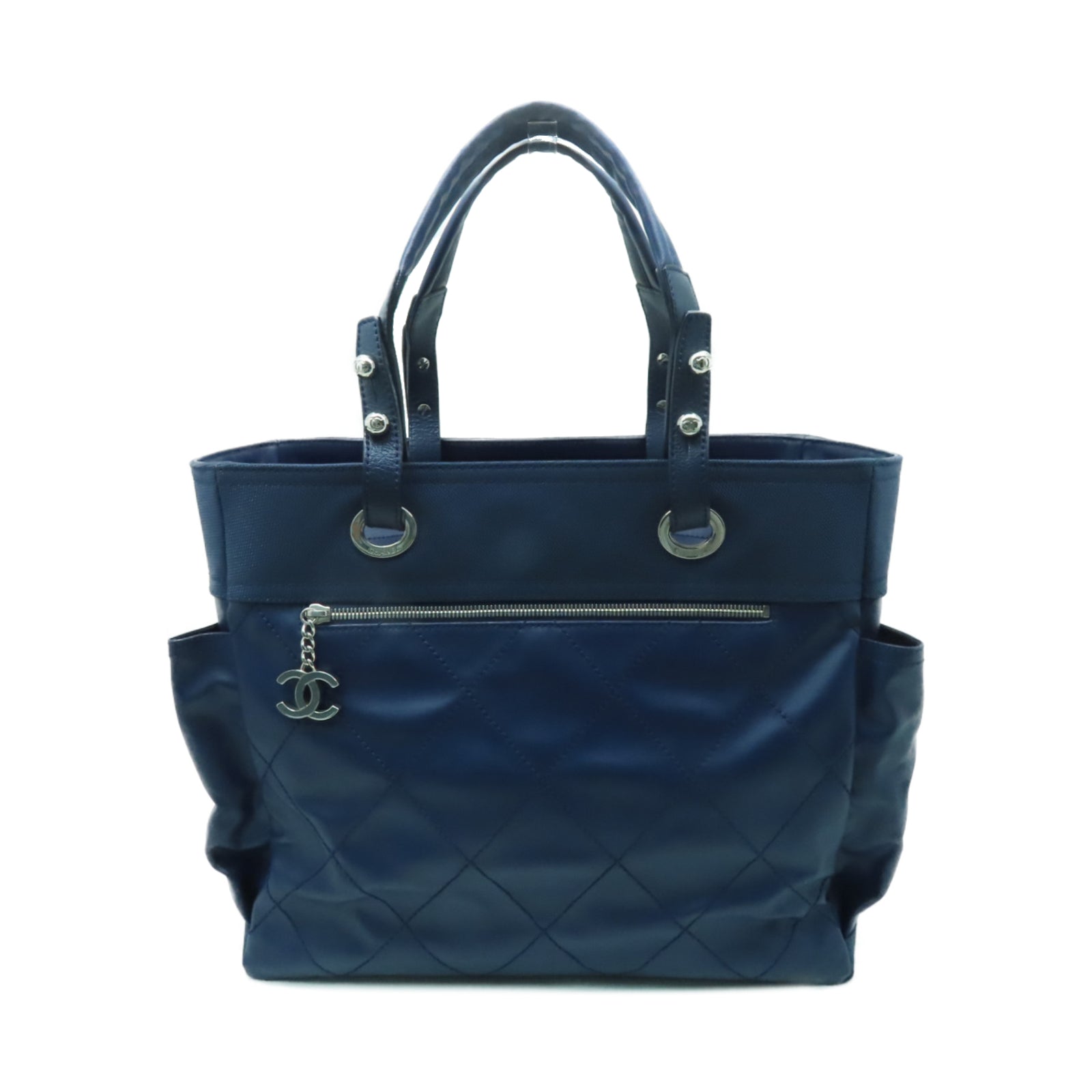 CHANEL 【激減優惠】菱格塗層帆布Tote Bag銀扣手挽袋藍色