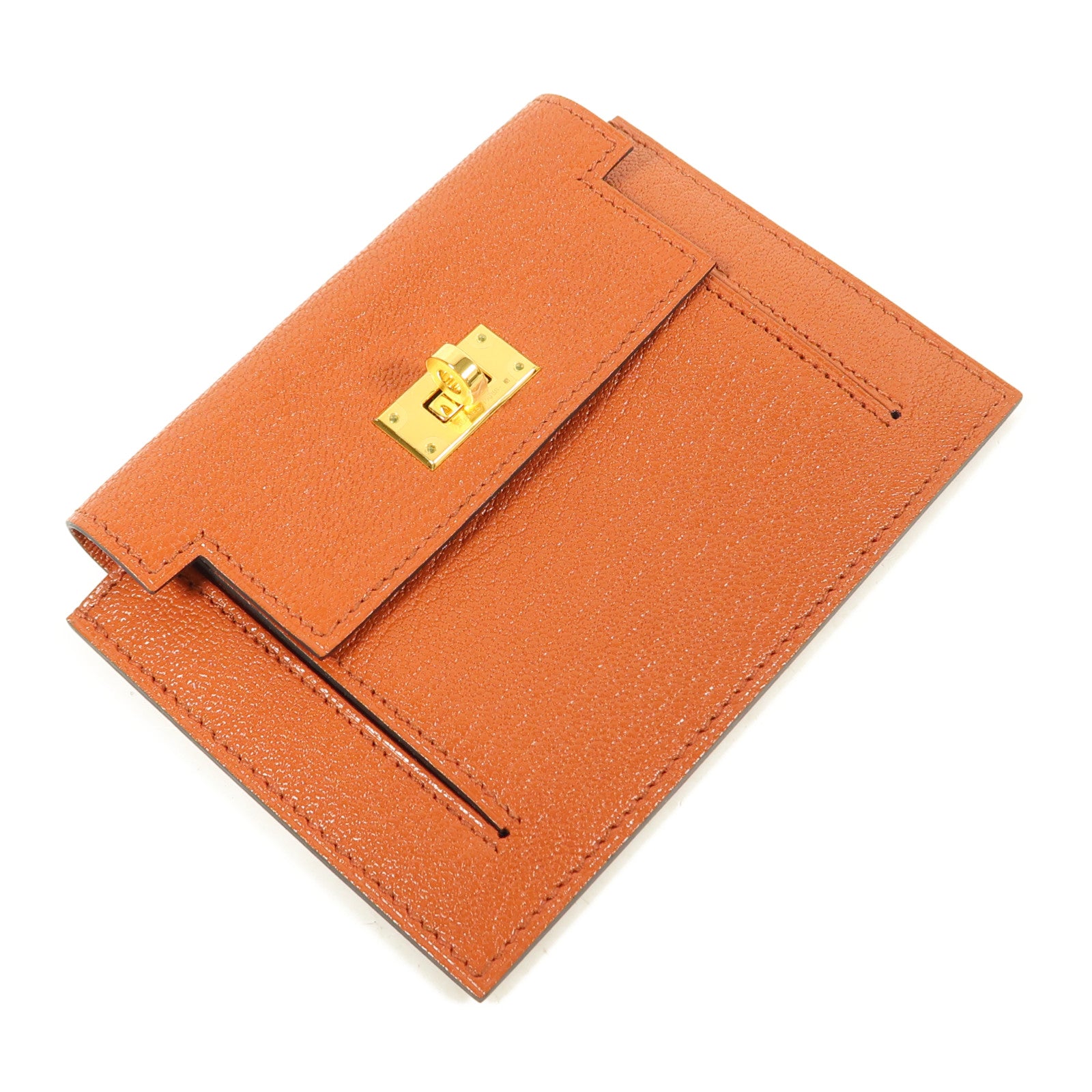 HERMES 【激減優惠】Chevre皮革Kelly Pocket Wallet金扣錢包Cuivre