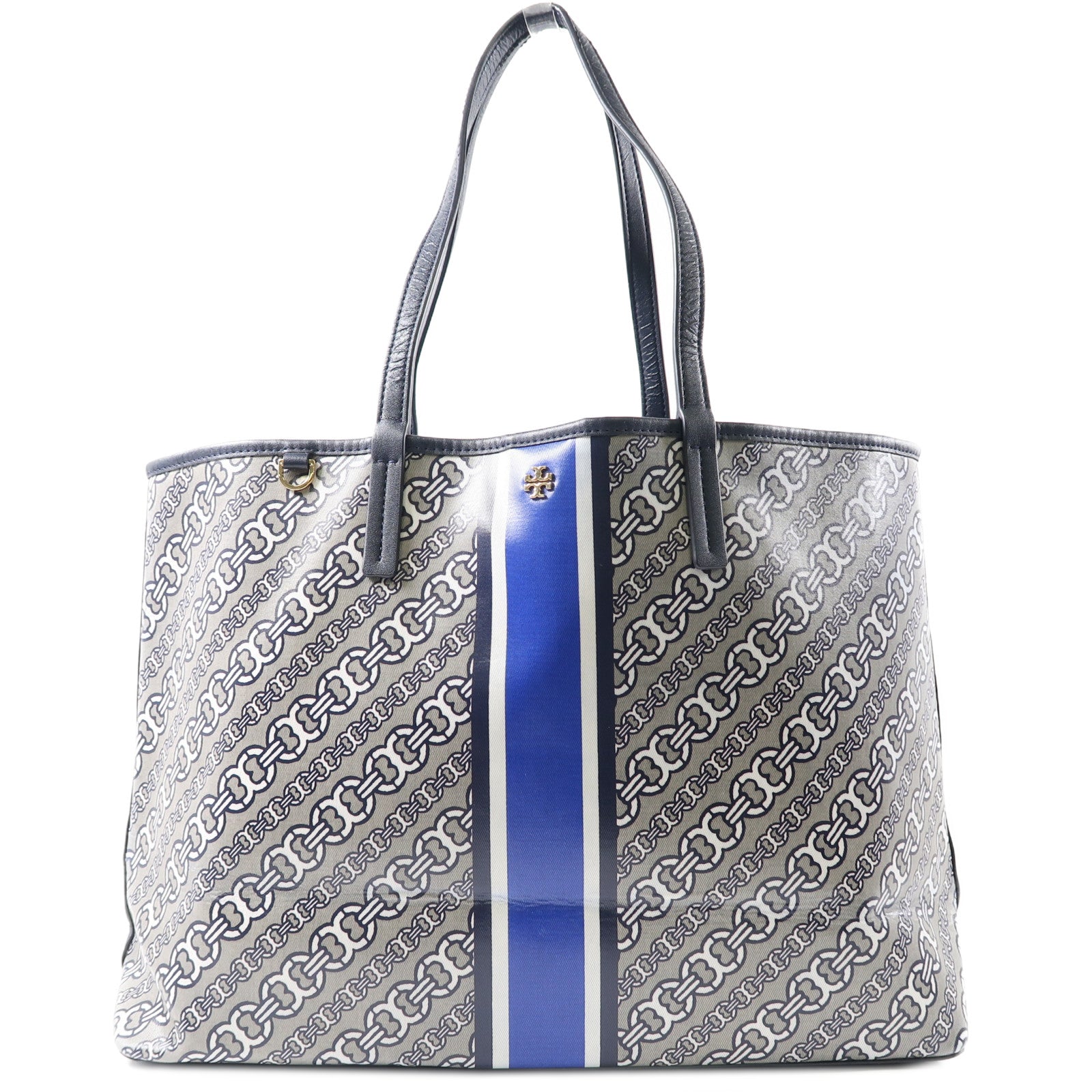 Tory Burch 【激減優惠】塗層帆布/皮革Shoulder Tote金扣肩背袋/手挽袋灰色/藍色