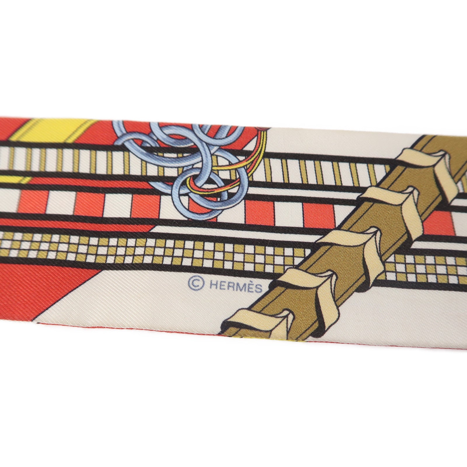 HERMES 絲質Twilly絲巾紅色/米色