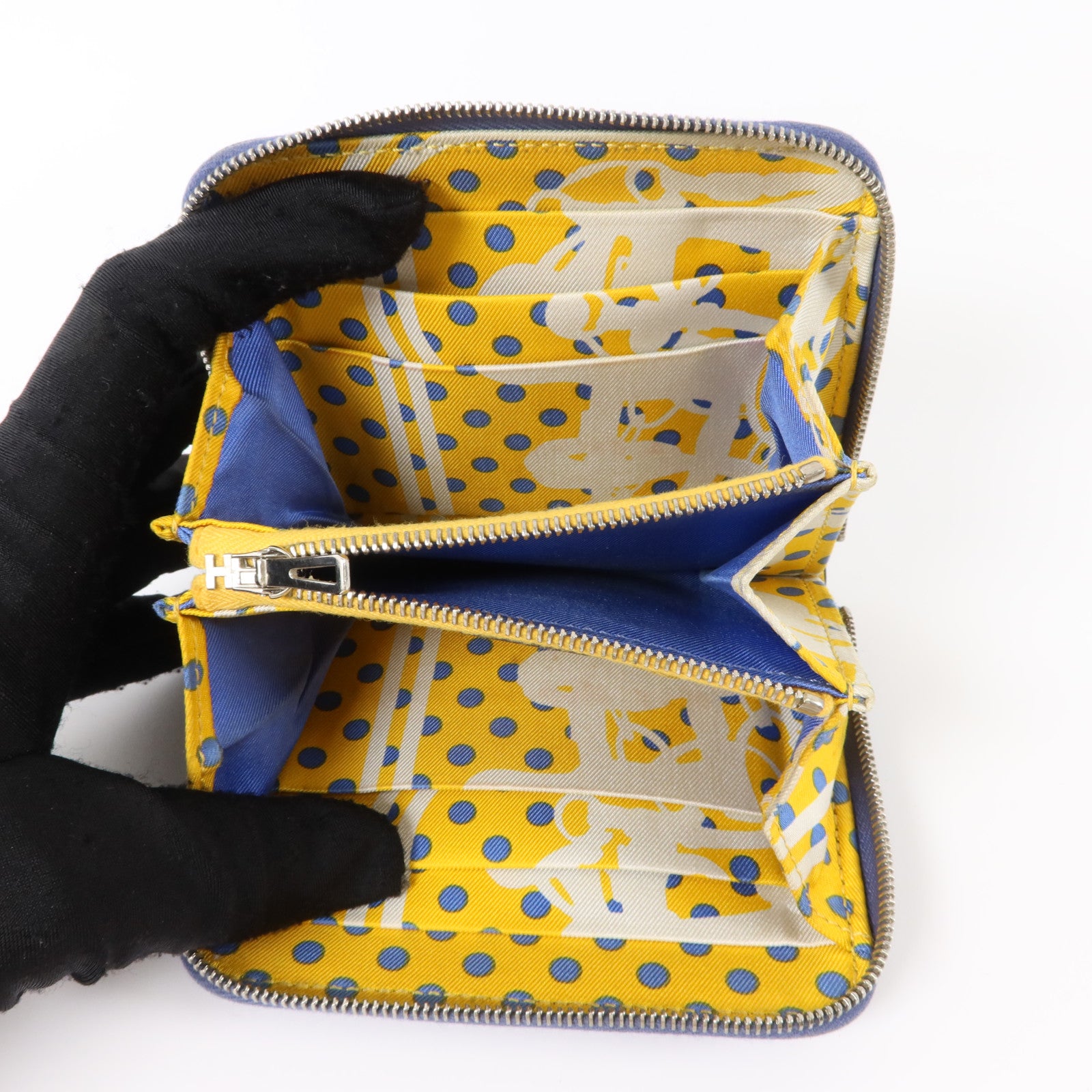 HERMES Epsom皮革Silk In Compact銀扣錢包Bleu Brighton