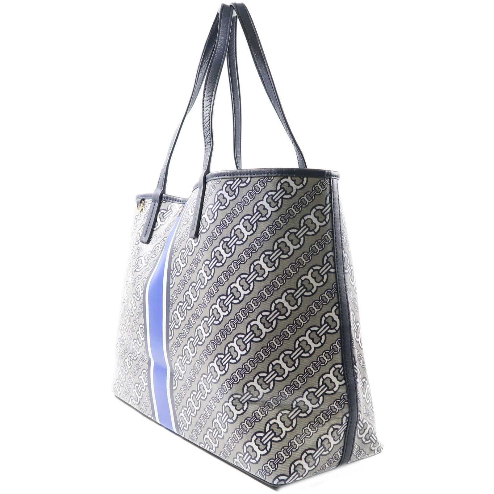 Tory Burch 【激減優惠】塗層帆布/皮革Shoulder Tote金扣肩背袋/手挽袋灰色/藍色