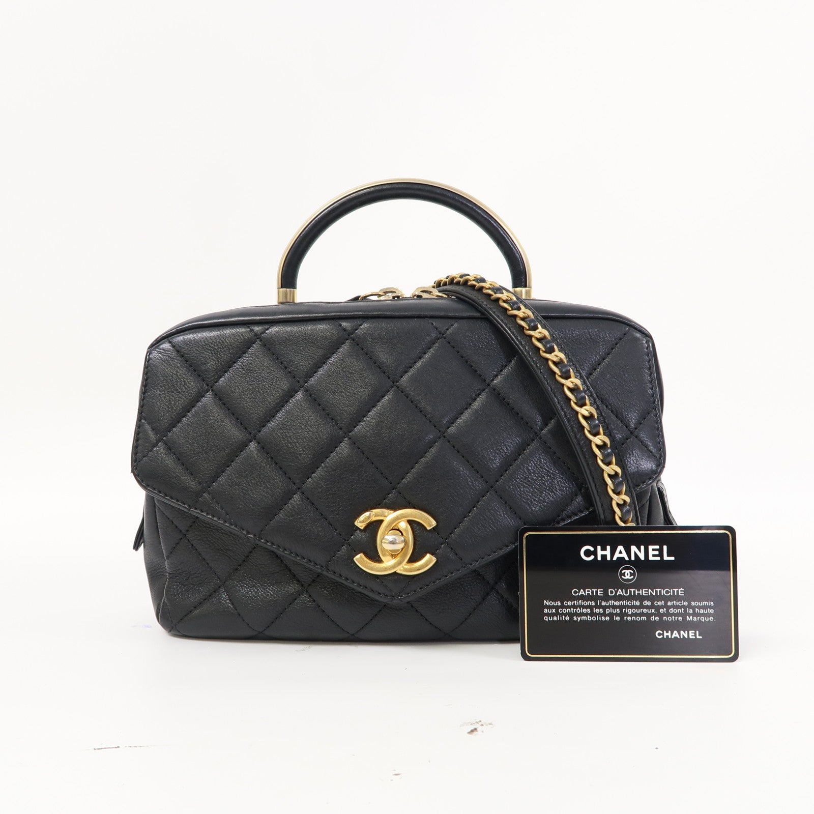 CHANEL 菱格牛皮皮革Chain Shoulder金扣手挽肩背兩用袋黑色