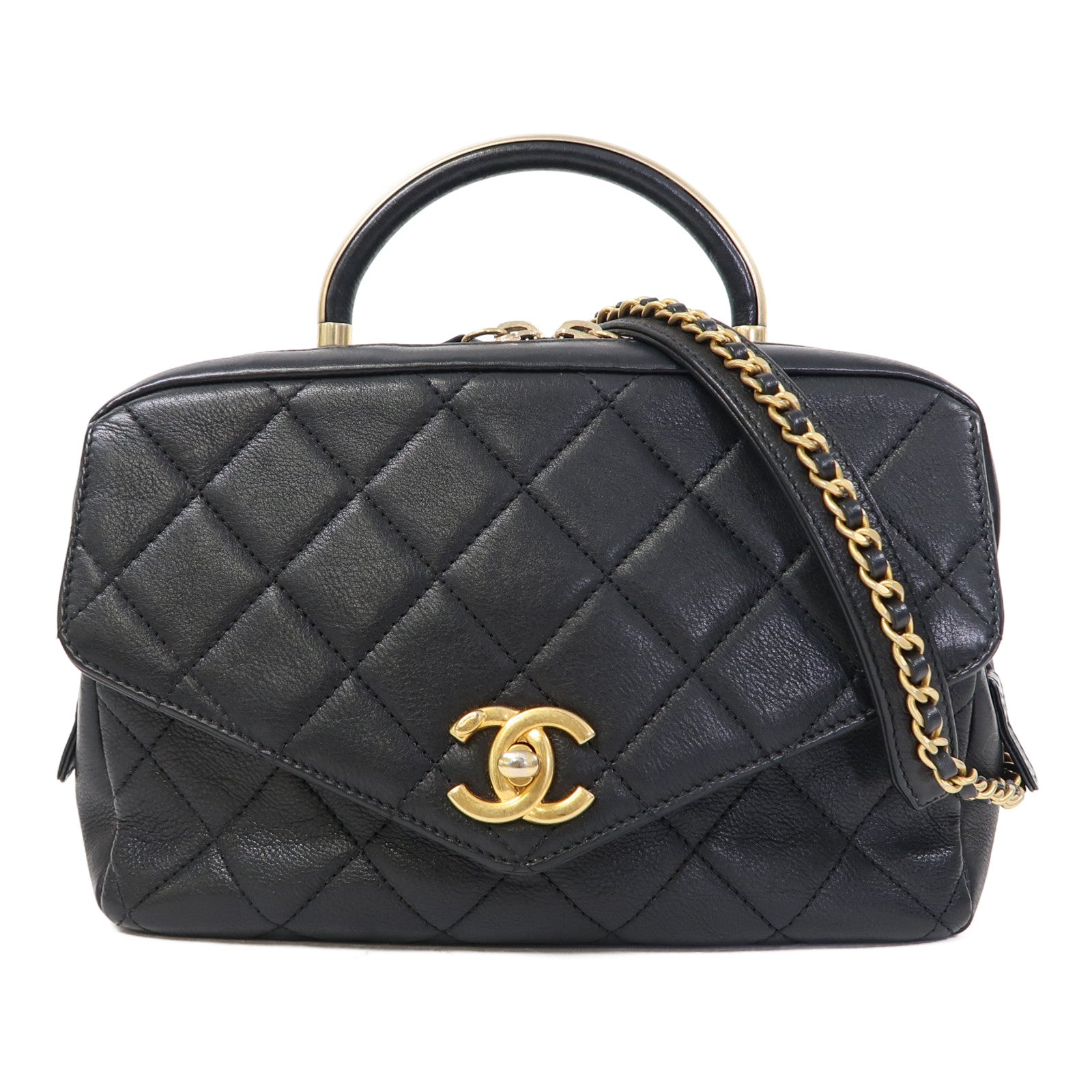 CHANEL 菱格牛皮皮革Chain Shoulder金扣手挽肩背兩用袋黑色