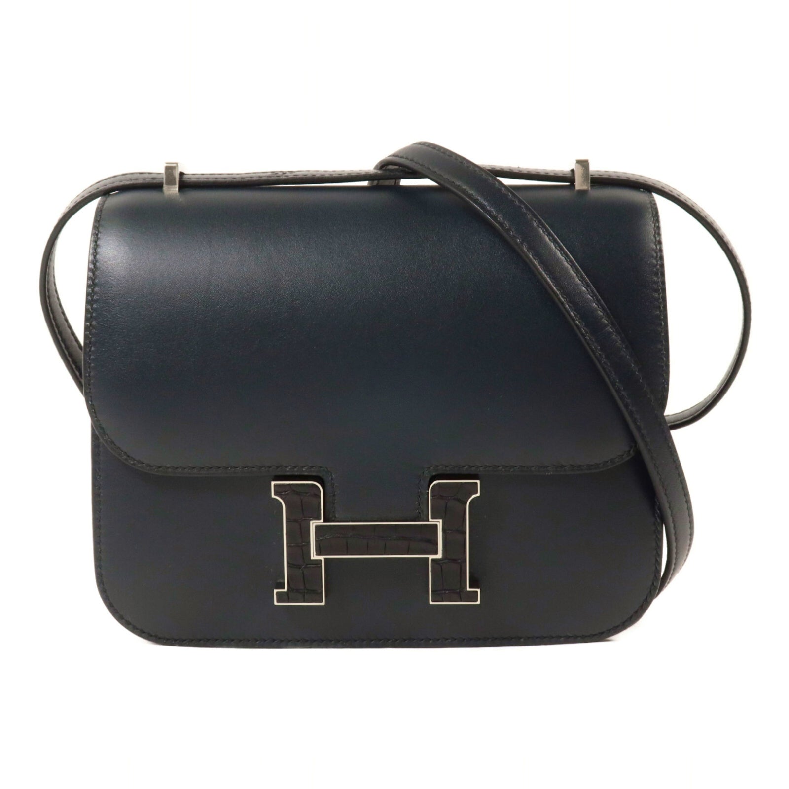 HERMES Monsieur皮革/鱷魚皮革Constance Mini肩背袋Bleu de minuit/Noir