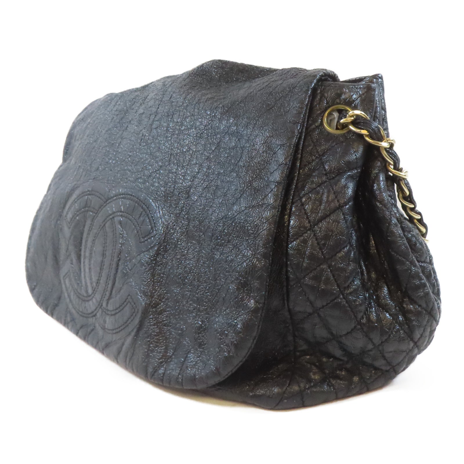 CHANEL 漆皮皮革Chain Shoulder Bag金扣鏈帶肩背袋黑色