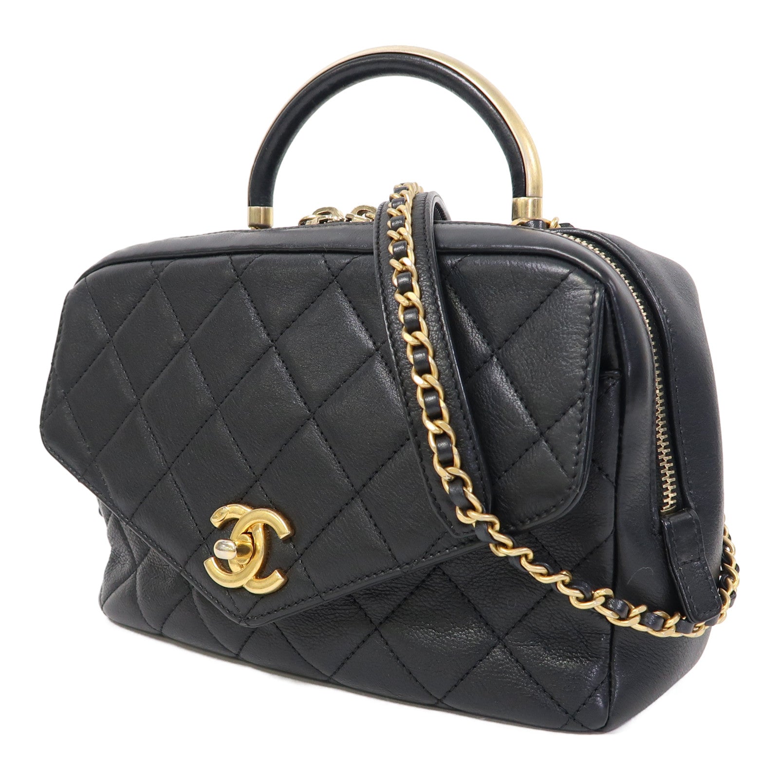 CHANEL 菱格牛皮皮革Chain Shoulder金扣手挽肩背兩用袋黑色