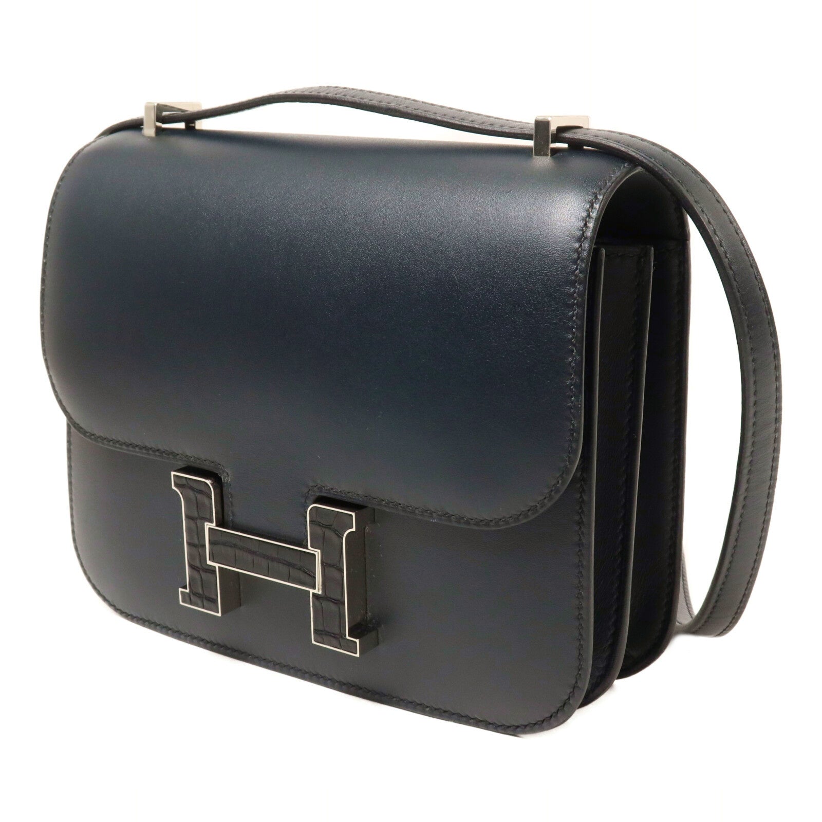 HERMES Monsieur皮革/鱷魚皮革Constance Mini肩背袋Bleu de minuit/Noir