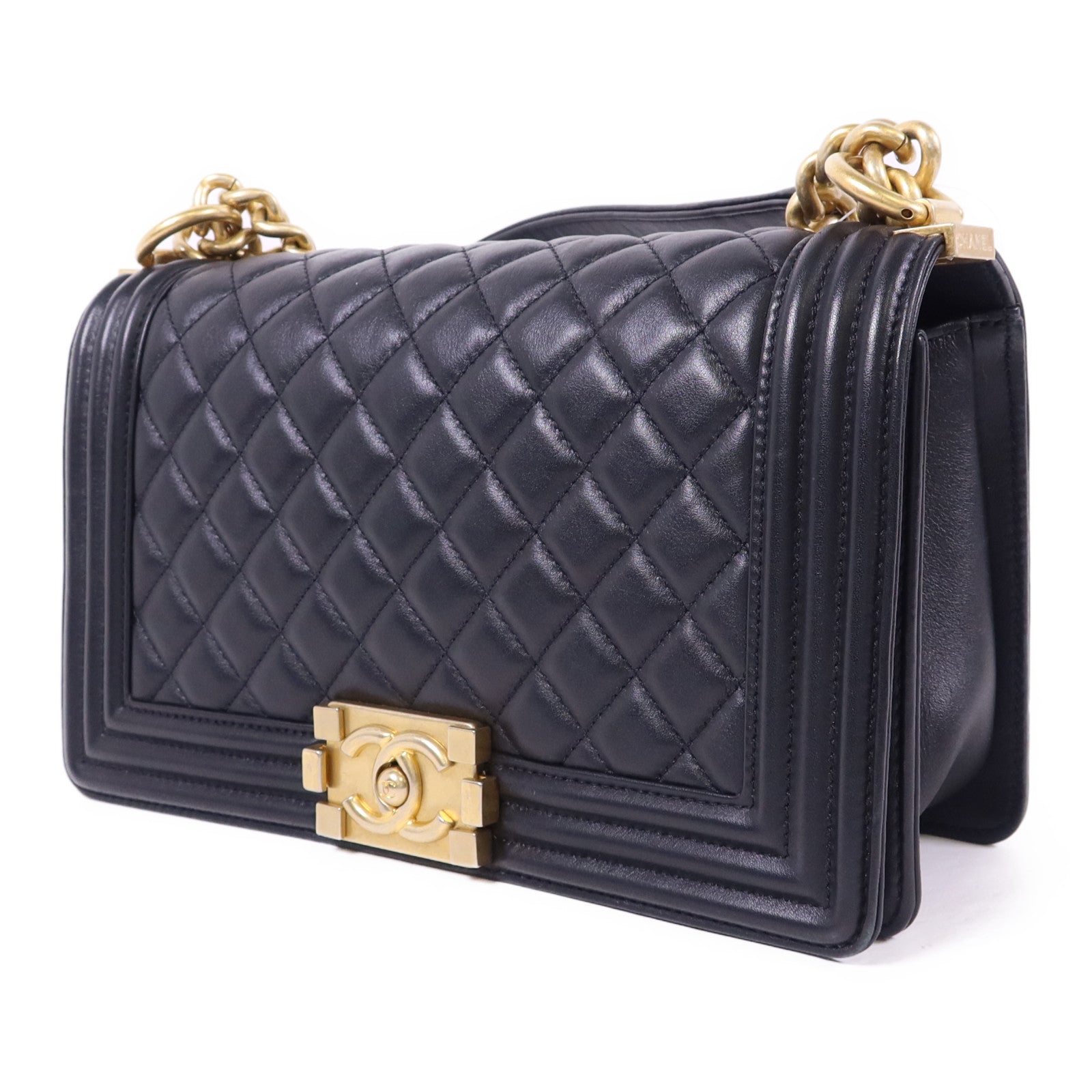 CHANEL 羊皮皮革Boy 25金扣鏈帶肩背袋