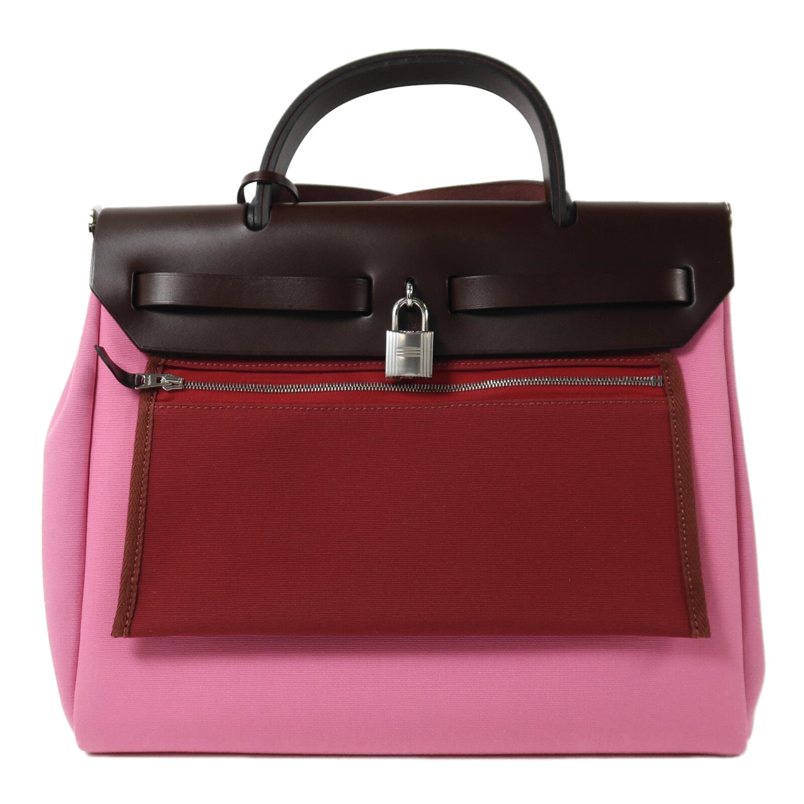 HERMES 帆布/Vache Hunter皮革Herbag PM銀扣手挽肩背兩用袋Bubble Gum/Rough H