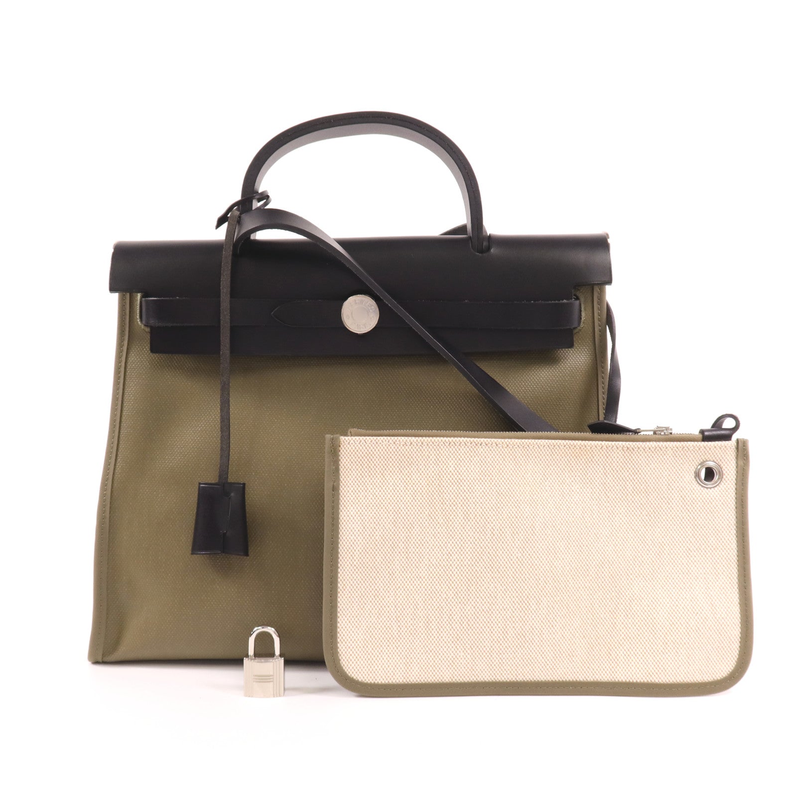 HERMES 塗層帆布Herbag PM銀扣手挽肩背兩用袋Lichen/Noir