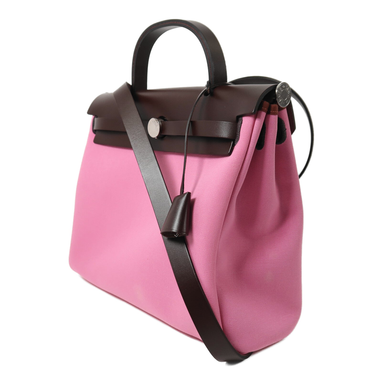 HERMES 帆布/Vache Hunter皮革Herbag PM銀扣手挽肩背兩用袋Bubble Gum/Rough H