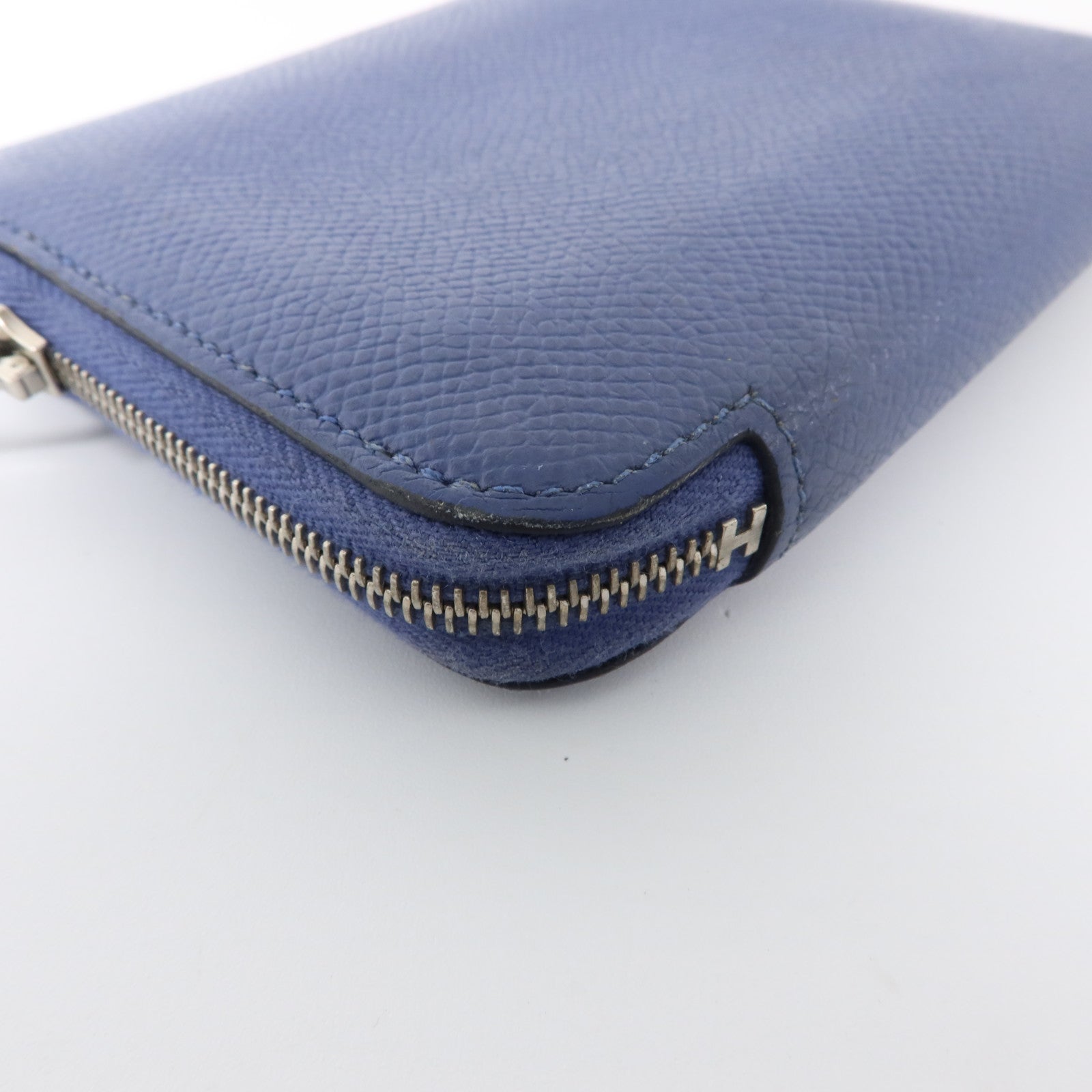 HERMES Epsom皮革Silk In Compact銀扣錢包Bleu Brighton