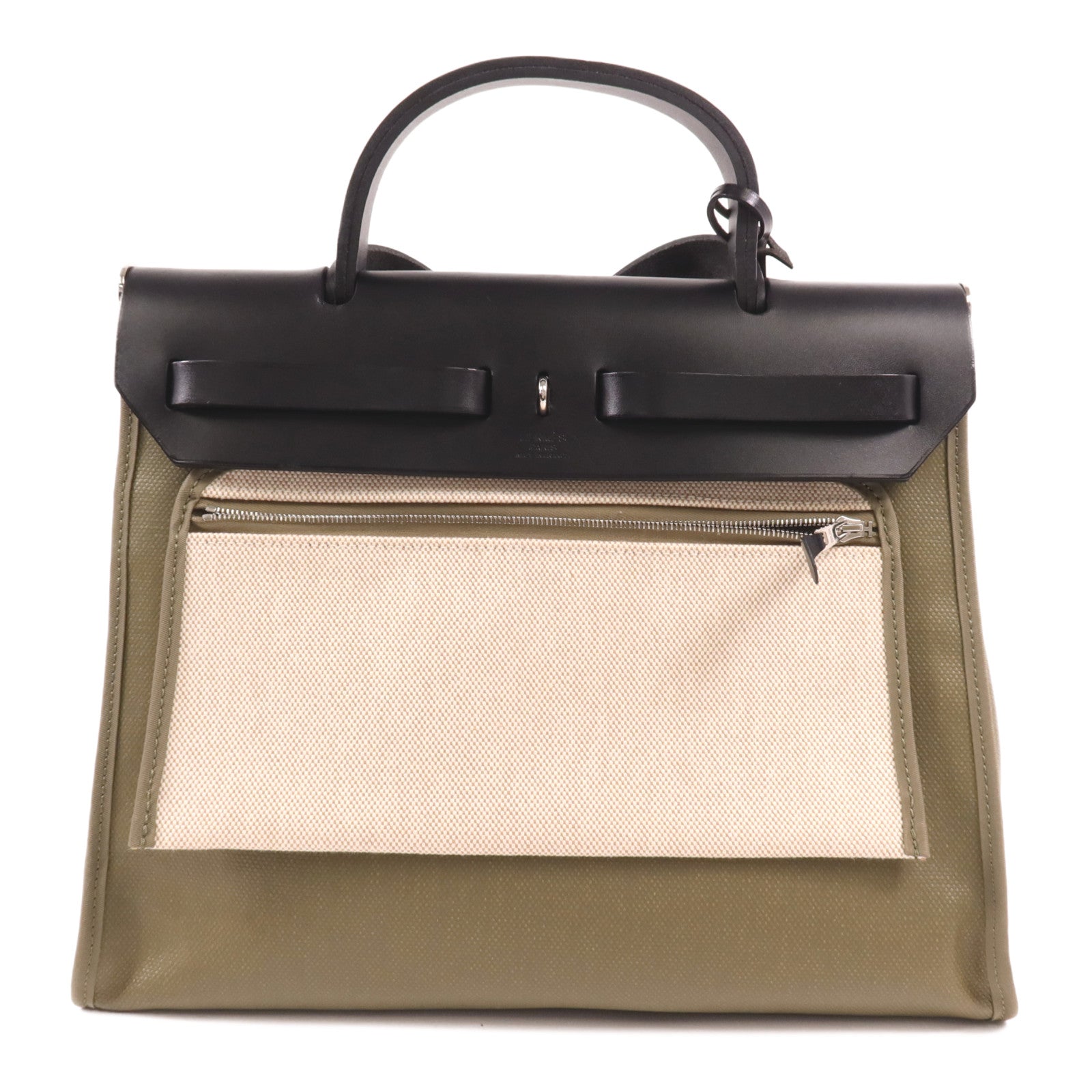 HERMES 塗層帆布Herbag PM銀扣手挽肩背兩用袋Lichen/Noir