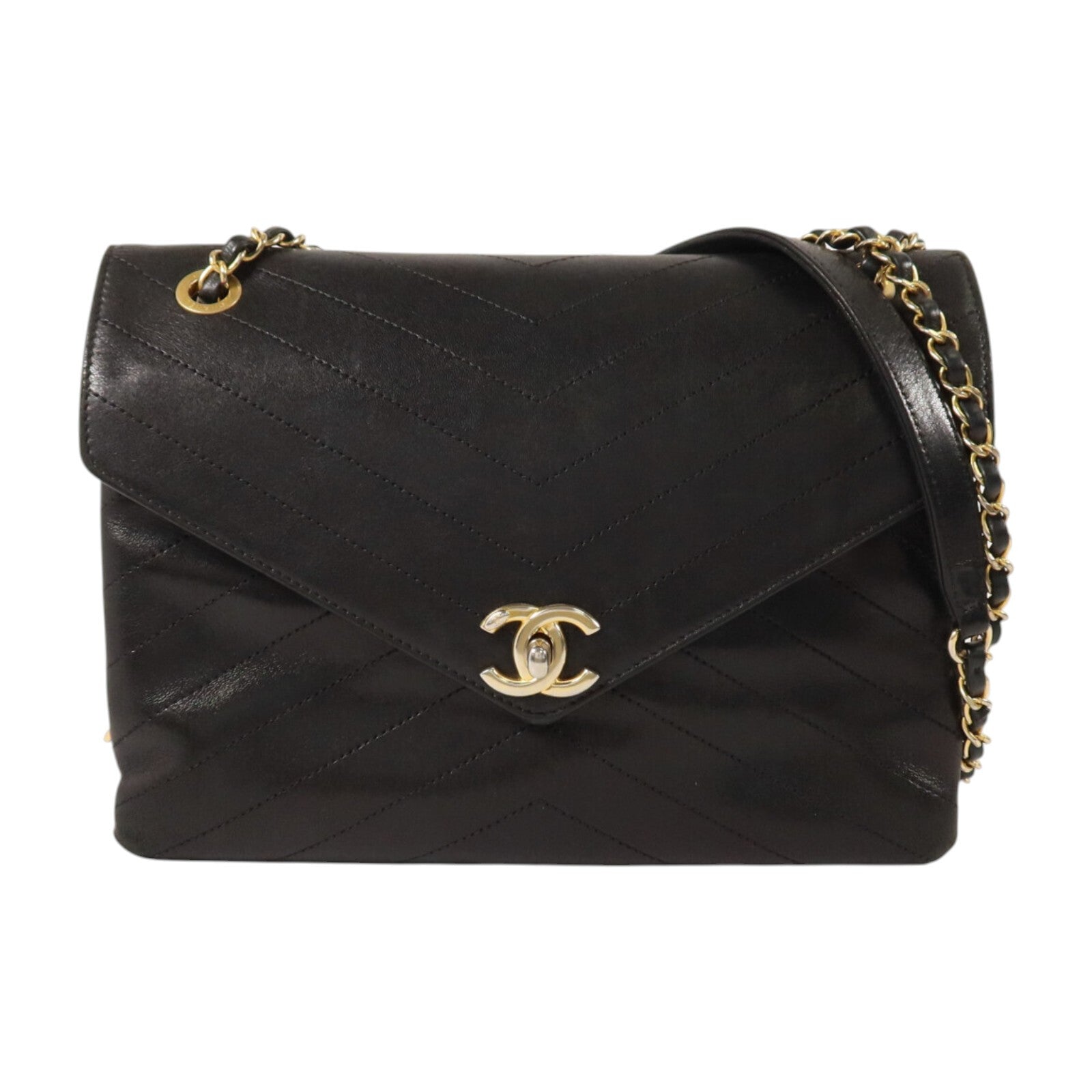 CHANEL 牛皮皮革Chain Shoulder金扣鏈帶肩背袋