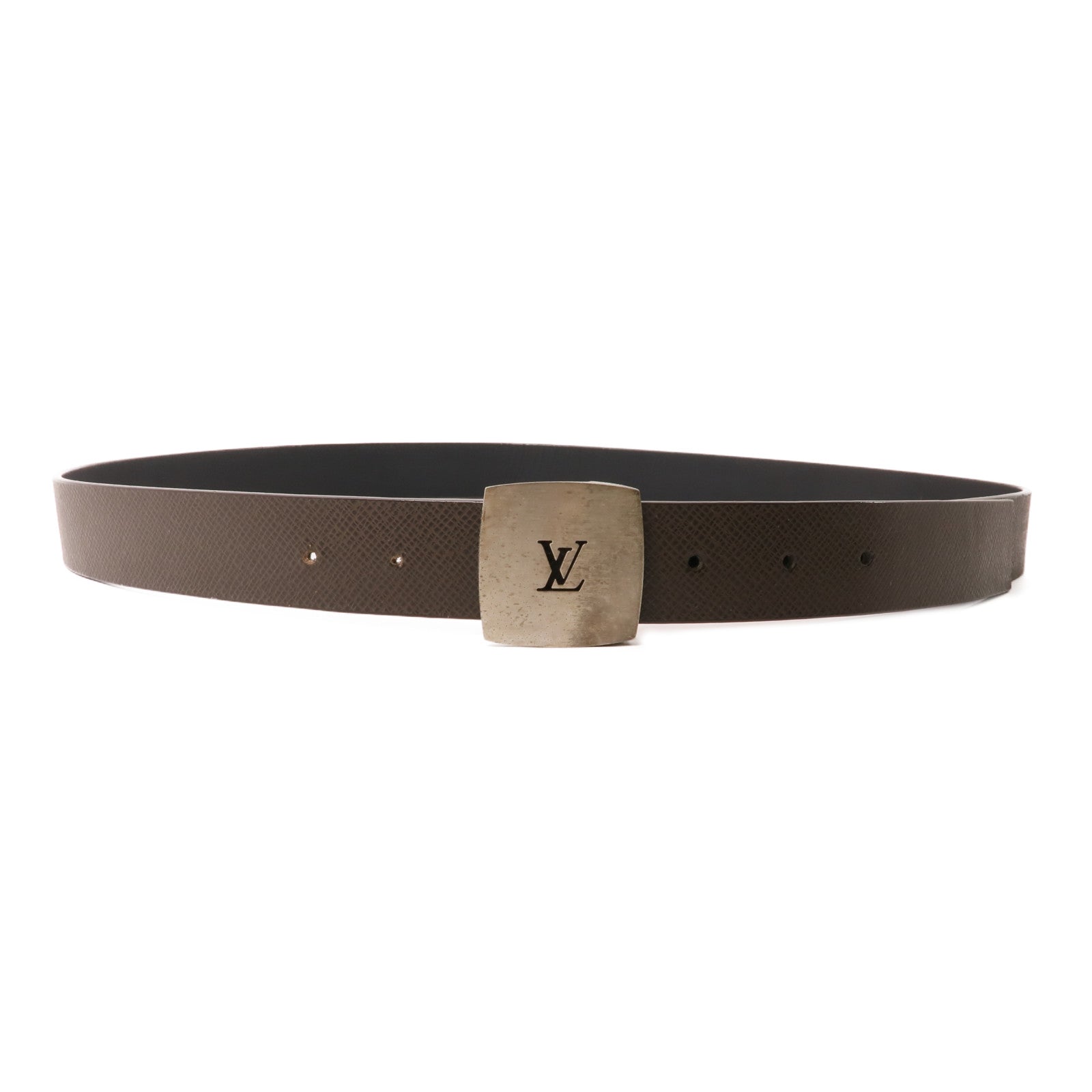 LOUIS VUITTON Taiga Belt銀扣皮帶棕色