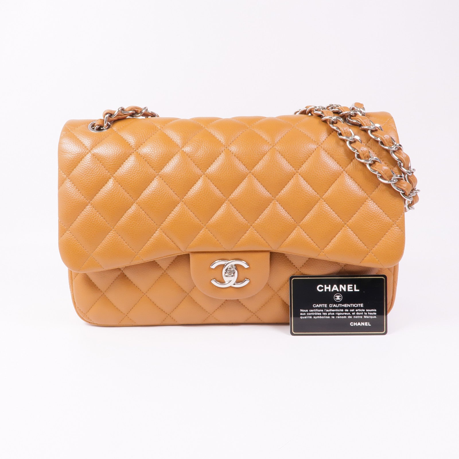 CHANEL 牛皮皮革Large Classic銀扣鏈帶肩背袋