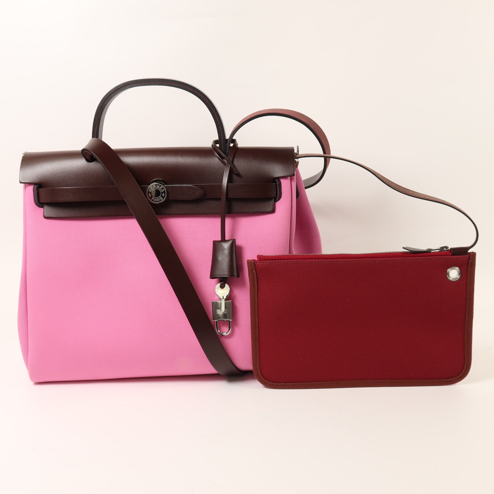 HERMES 帆布/Vache Hunter皮革Herbag PM銀扣手挽肩背兩用袋Bubble Gum/Rough H