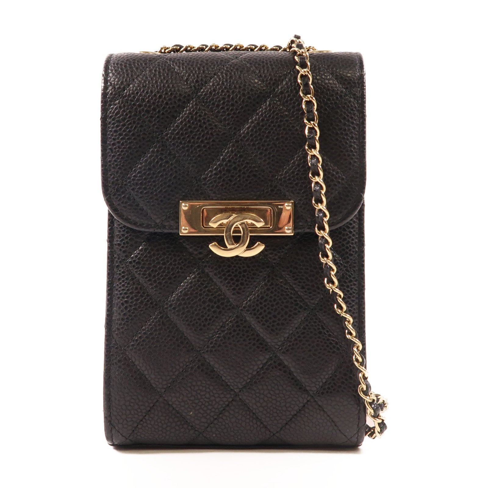 CHANEL 牛皮皮革Phone Chain Shoulder金扣肩背袋黑色