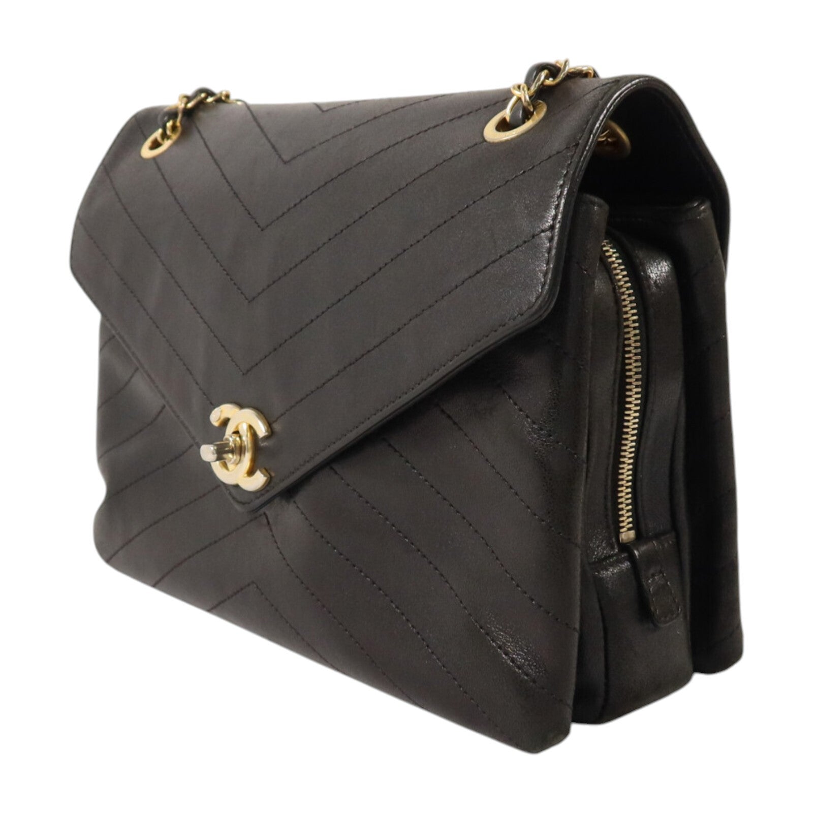 CHANEL 牛皮皮革Chain Shoulder金扣鏈帶肩背袋