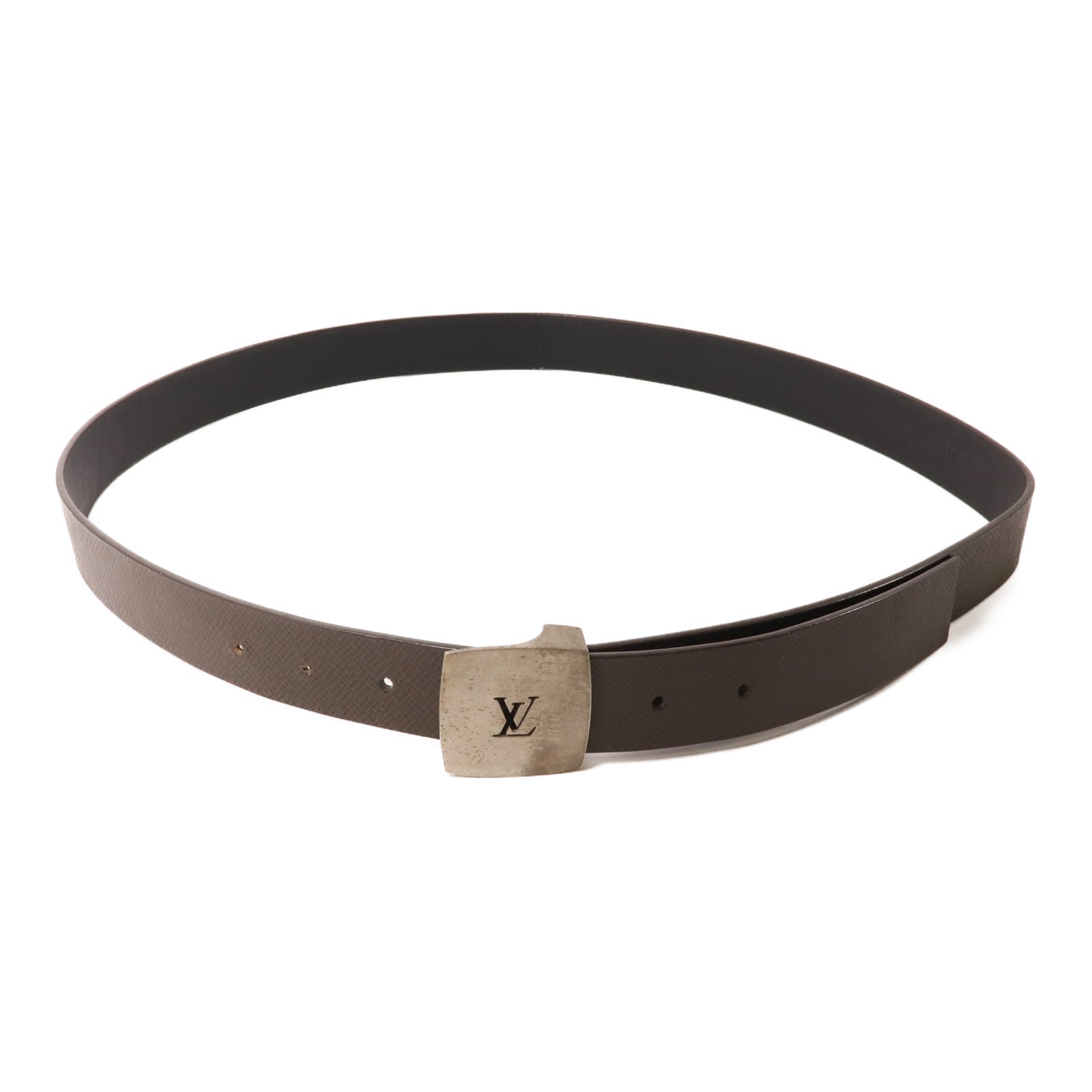 LOUIS VUITTON Taiga Belt銀扣皮帶棕色