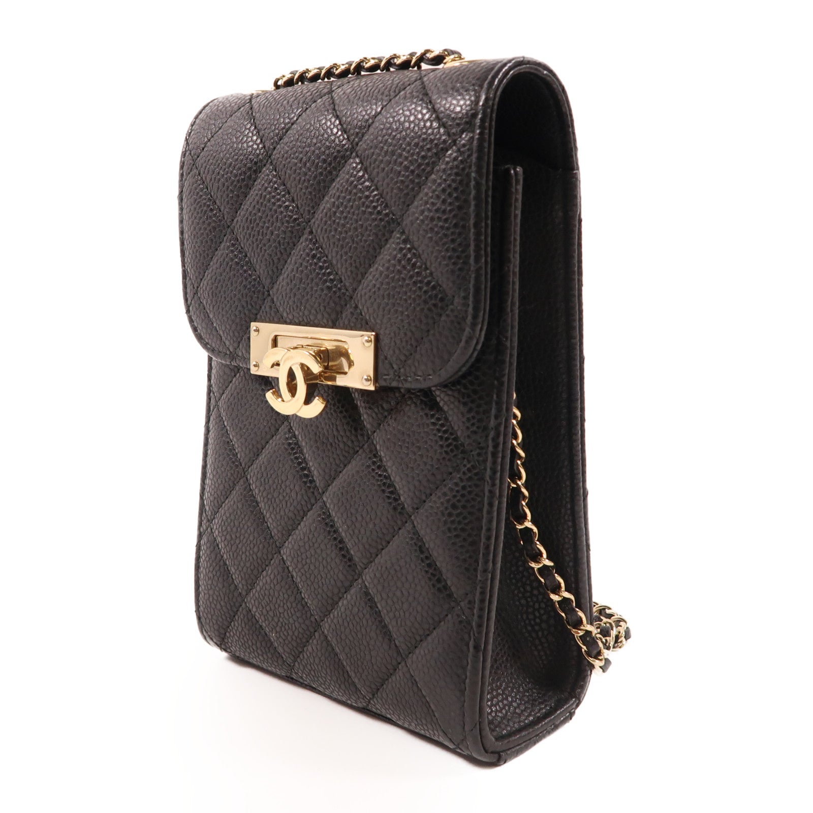 CHANEL 牛皮皮革Phone Chain Shoulder金扣肩背袋黑色